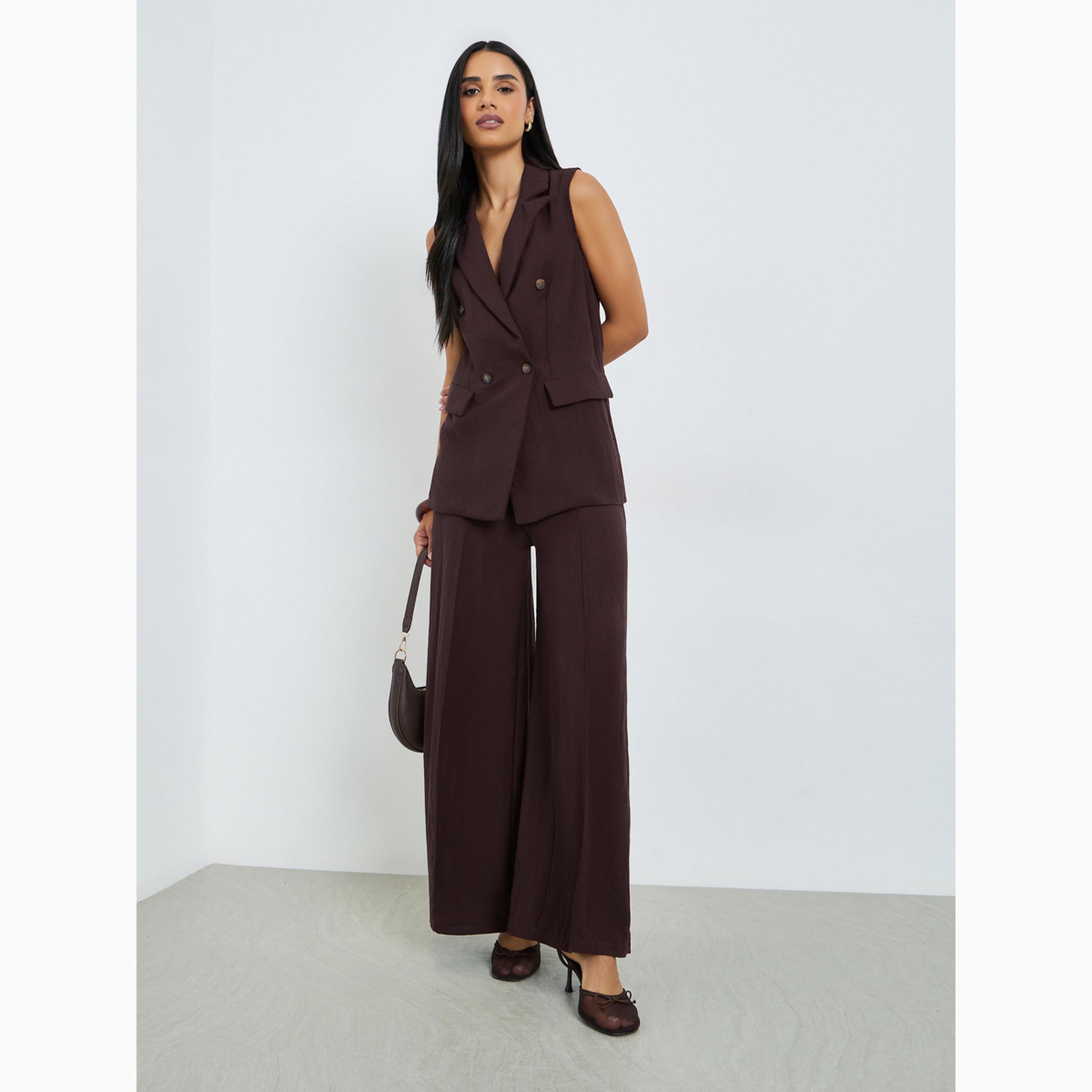 Styli Brown Sleeveless Linen Look Waistcoat-women-winterwear-coatsandjackets-waistcoats-image-2