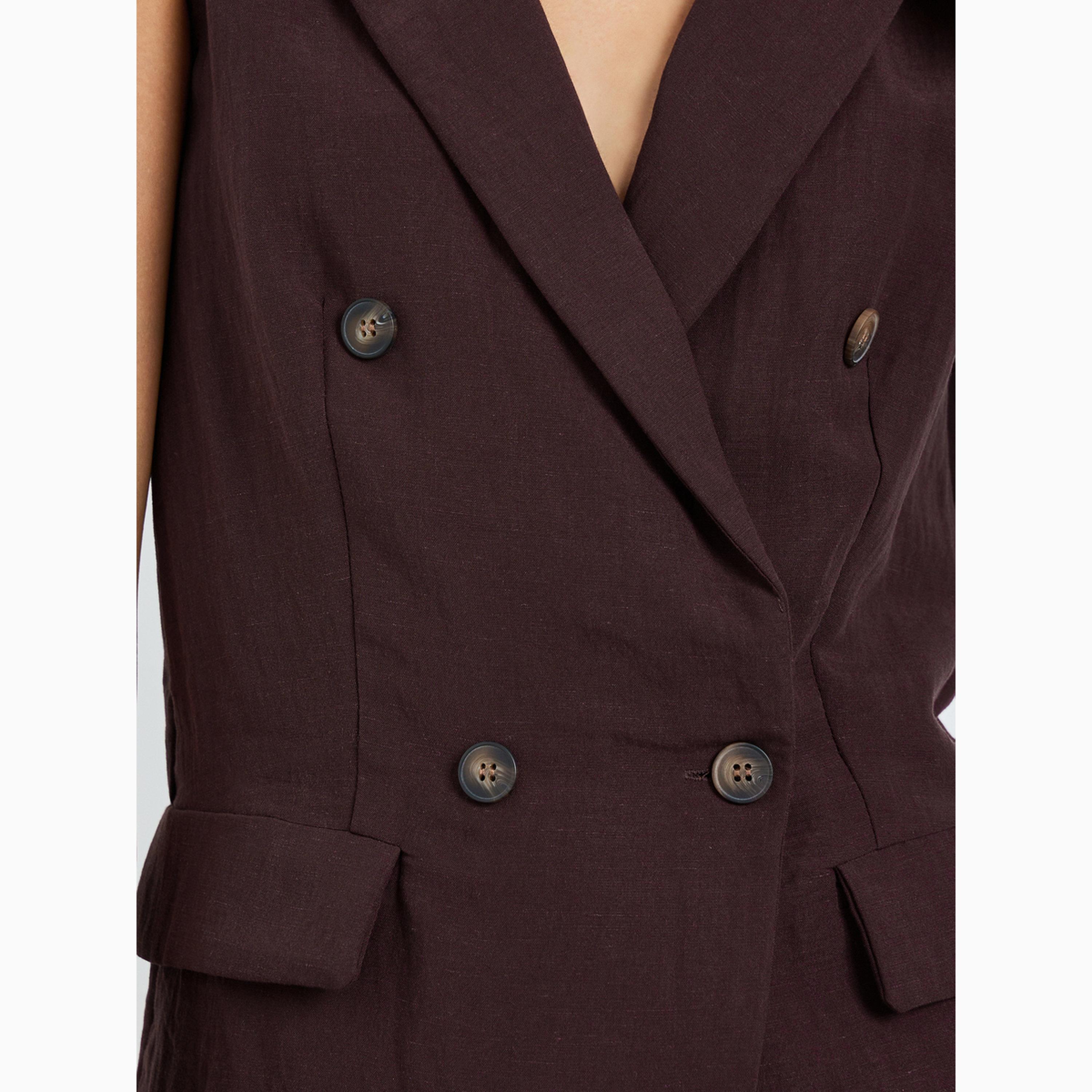Styli Brown Sleeveless Linen Look Waistcoat-women-winterwear-coatsandjackets-waistcoats-image-3
