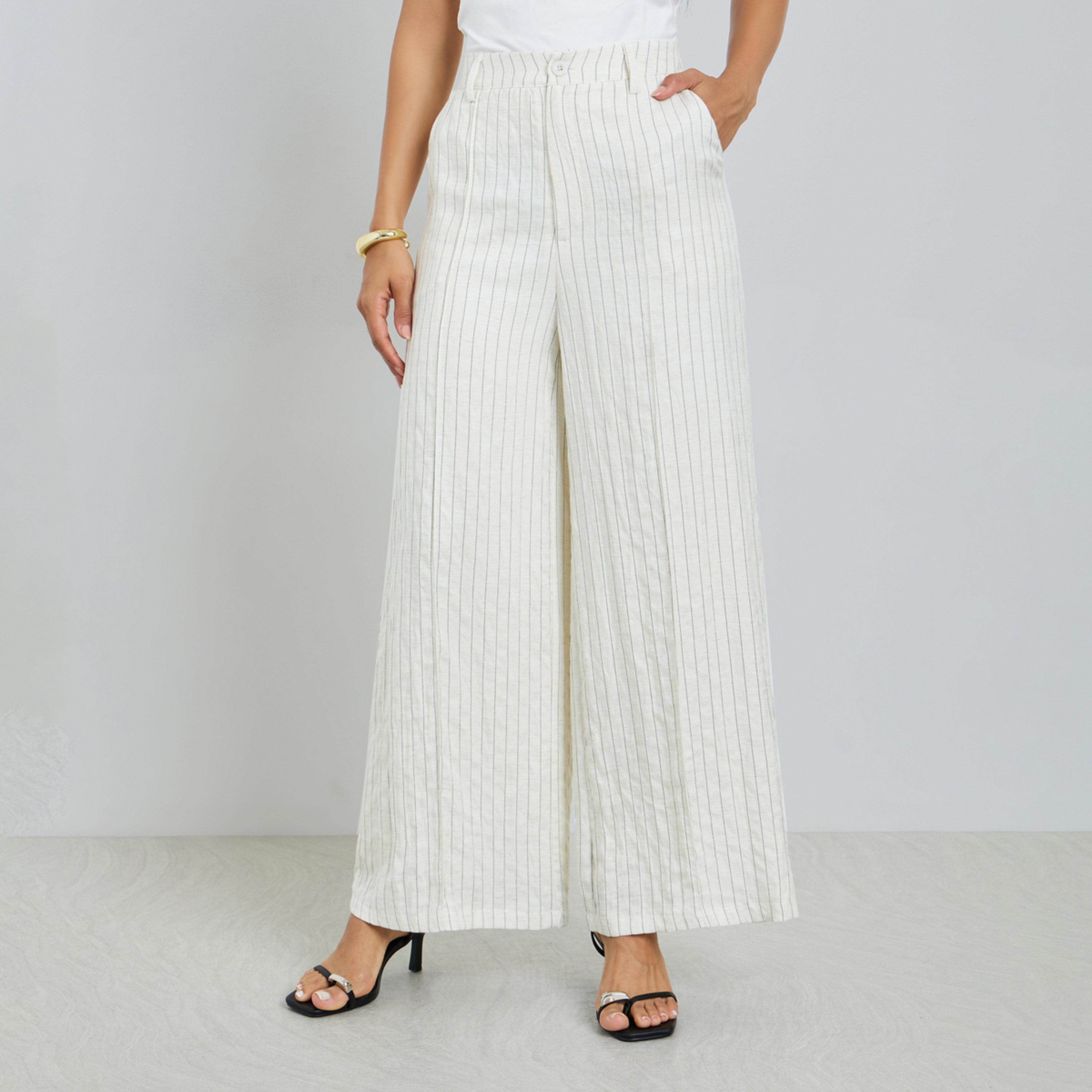 Styli Off White Wide Leg Pinstriped Pants-women-clothing-bottoms-trousers-image-1