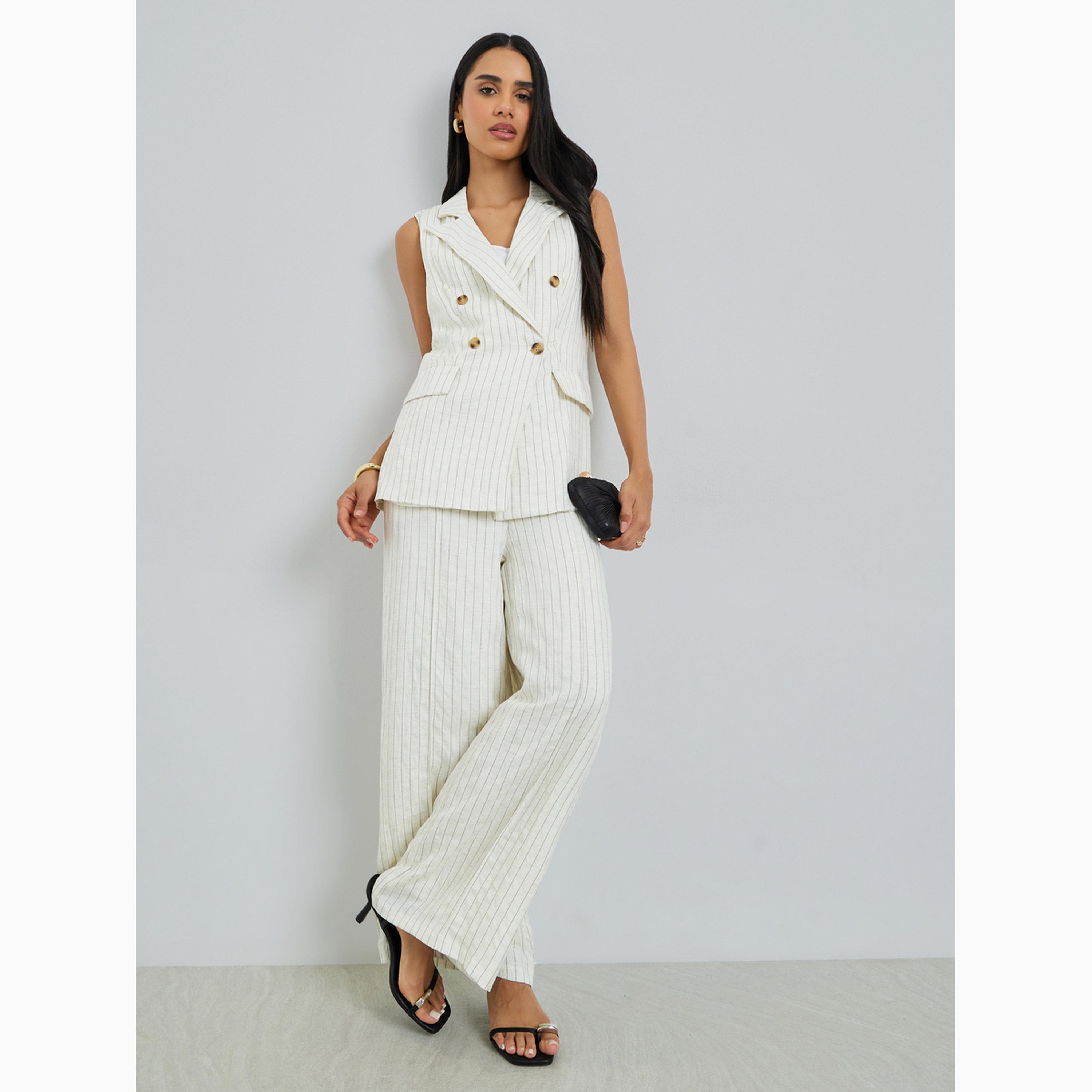 Styli Off White Wide Leg Pinstriped Pants-women-clothing-bottoms-trousers-image-2