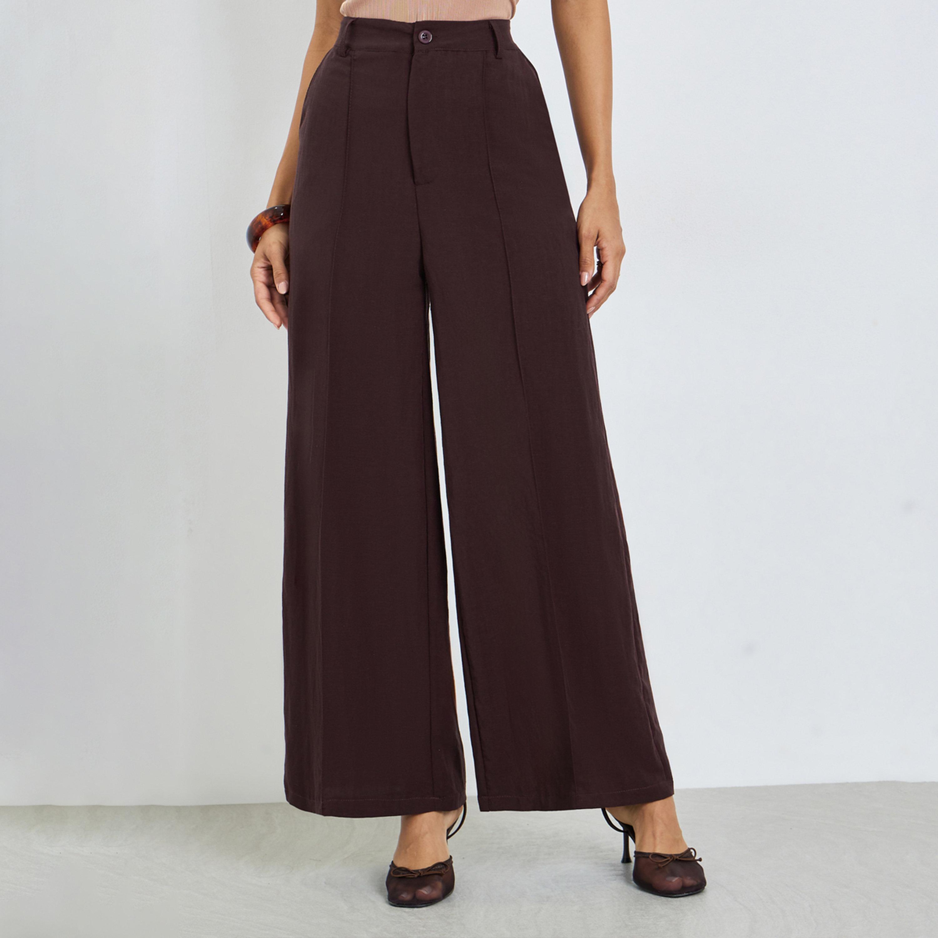 Styli Brown Wide Leg Linen Look Pants-women-clothing-bottoms-joggers-image-1
