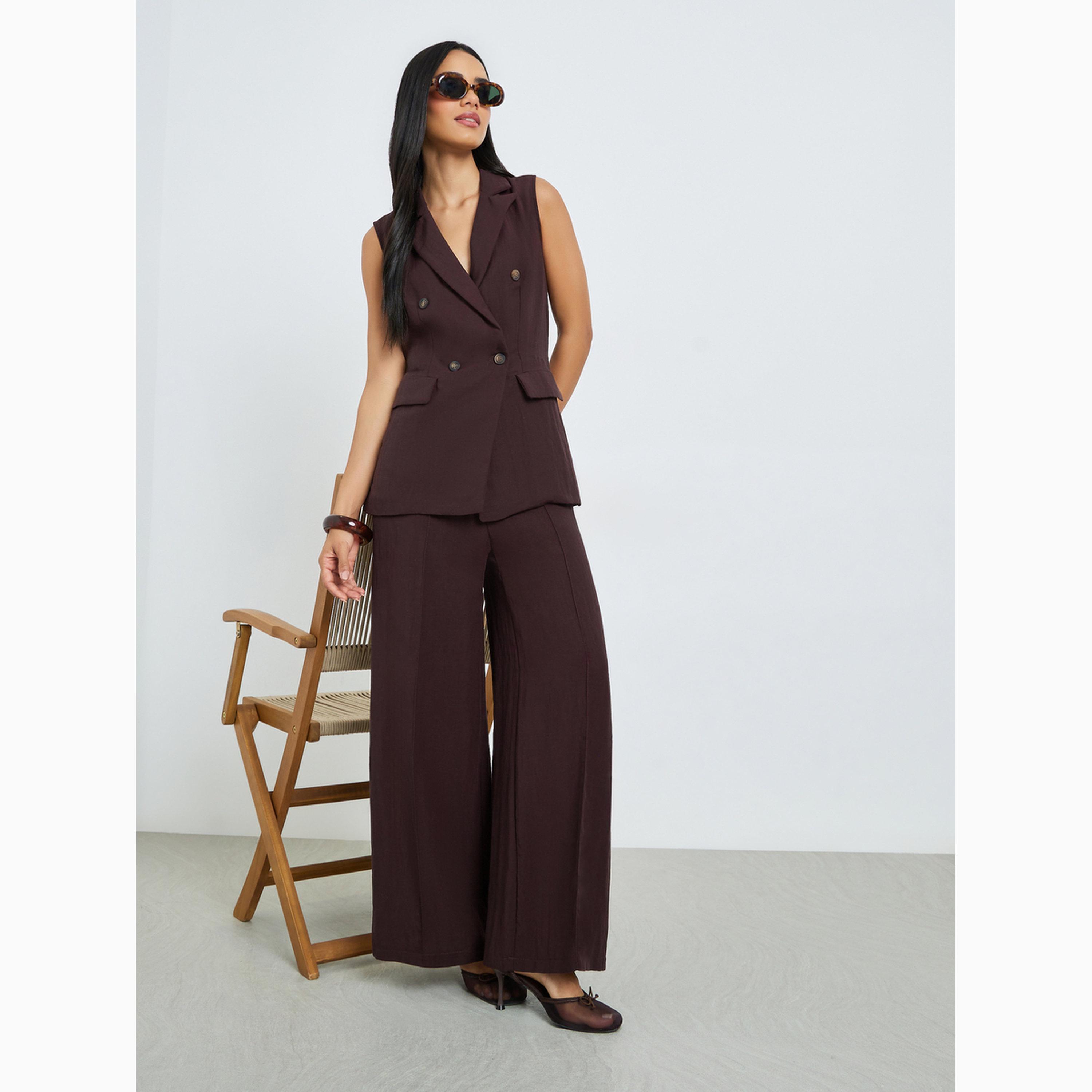 Styli Brown Wide Leg Linen Look Pants-women-clothing-bottoms-joggers-image-2
