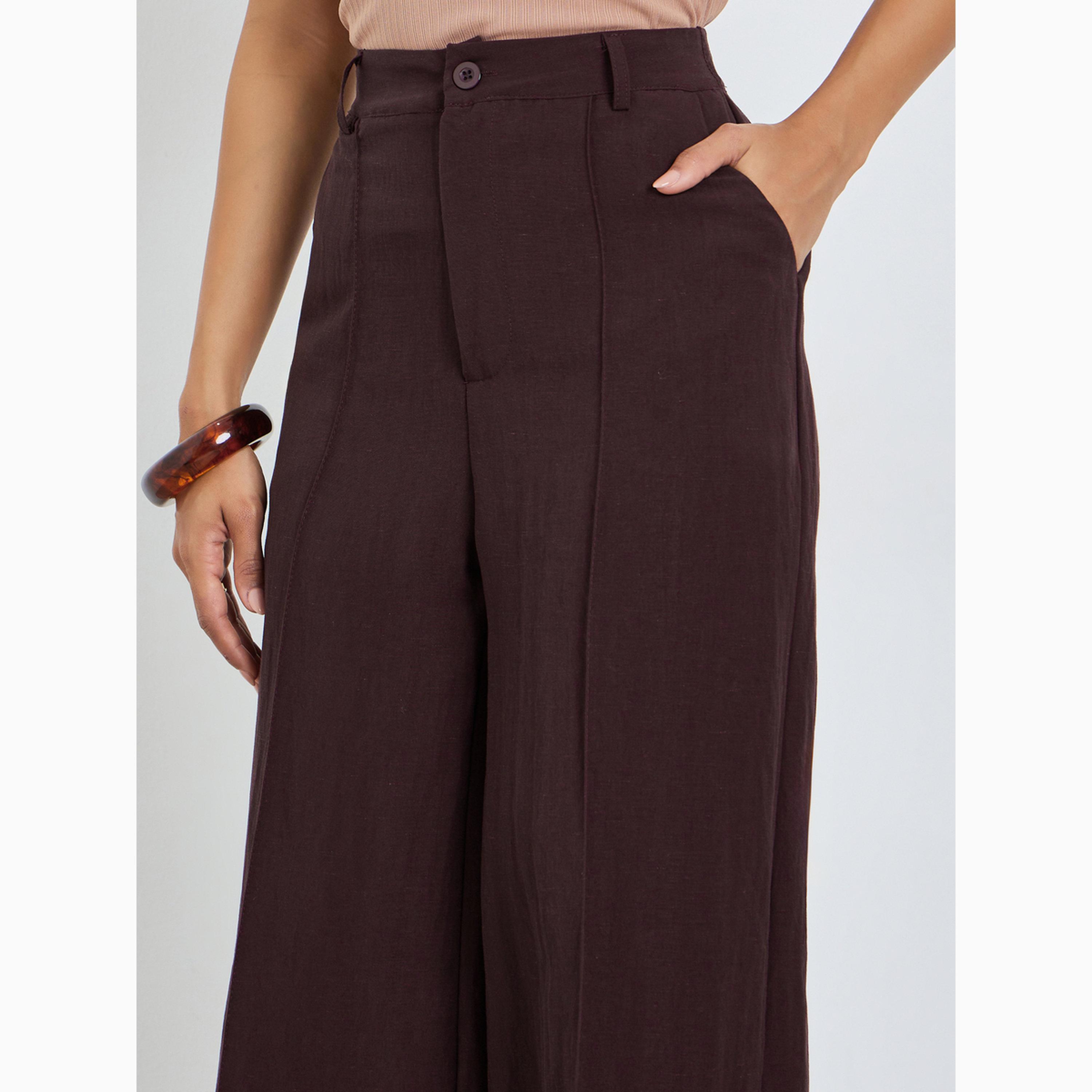 Styli Brown Wide Leg Linen Look Pants-women-clothing-bottoms-joggers-image-3