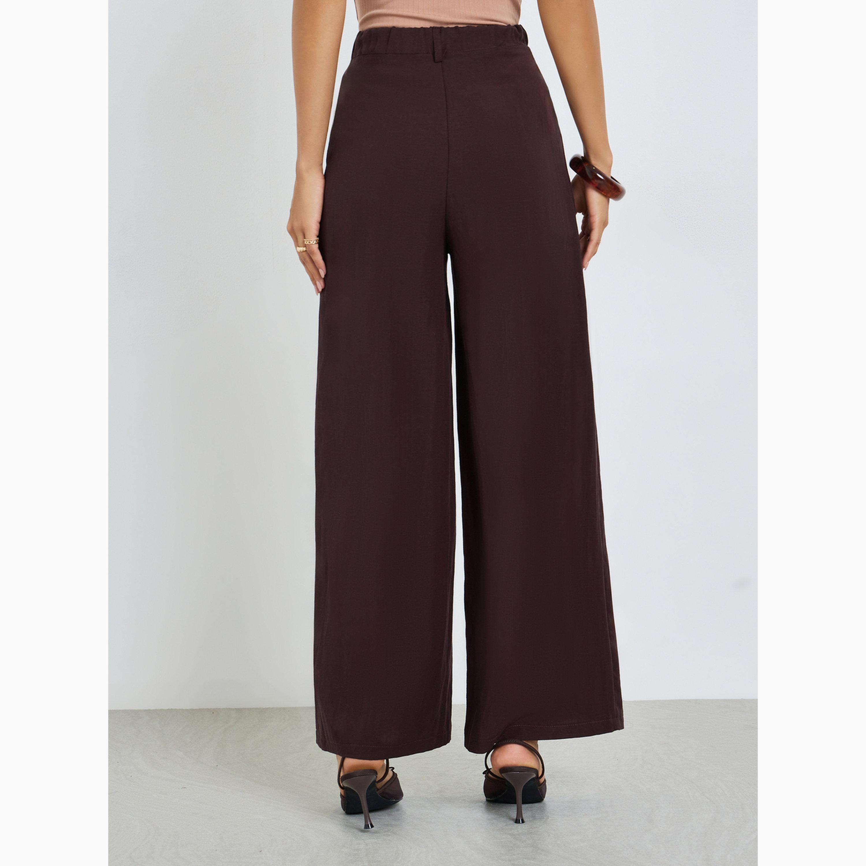 Styli Brown Wide Leg Linen Look Pants-women-clothing-bottoms-joggers-image-4