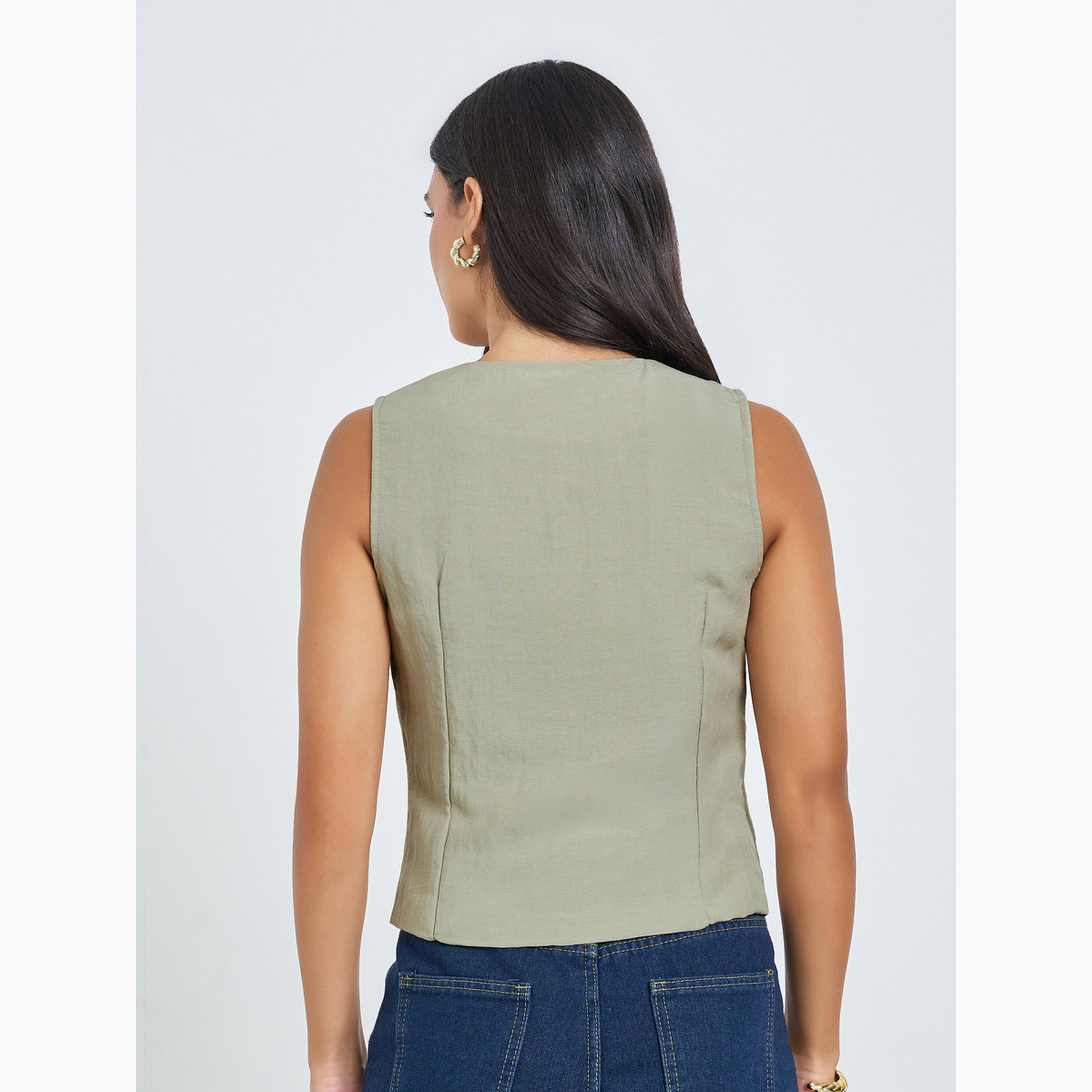 Styli Green Sleeveless Buttoned Waistcoat-women-winterwear-coatsandjackets-waistcoats-image-5