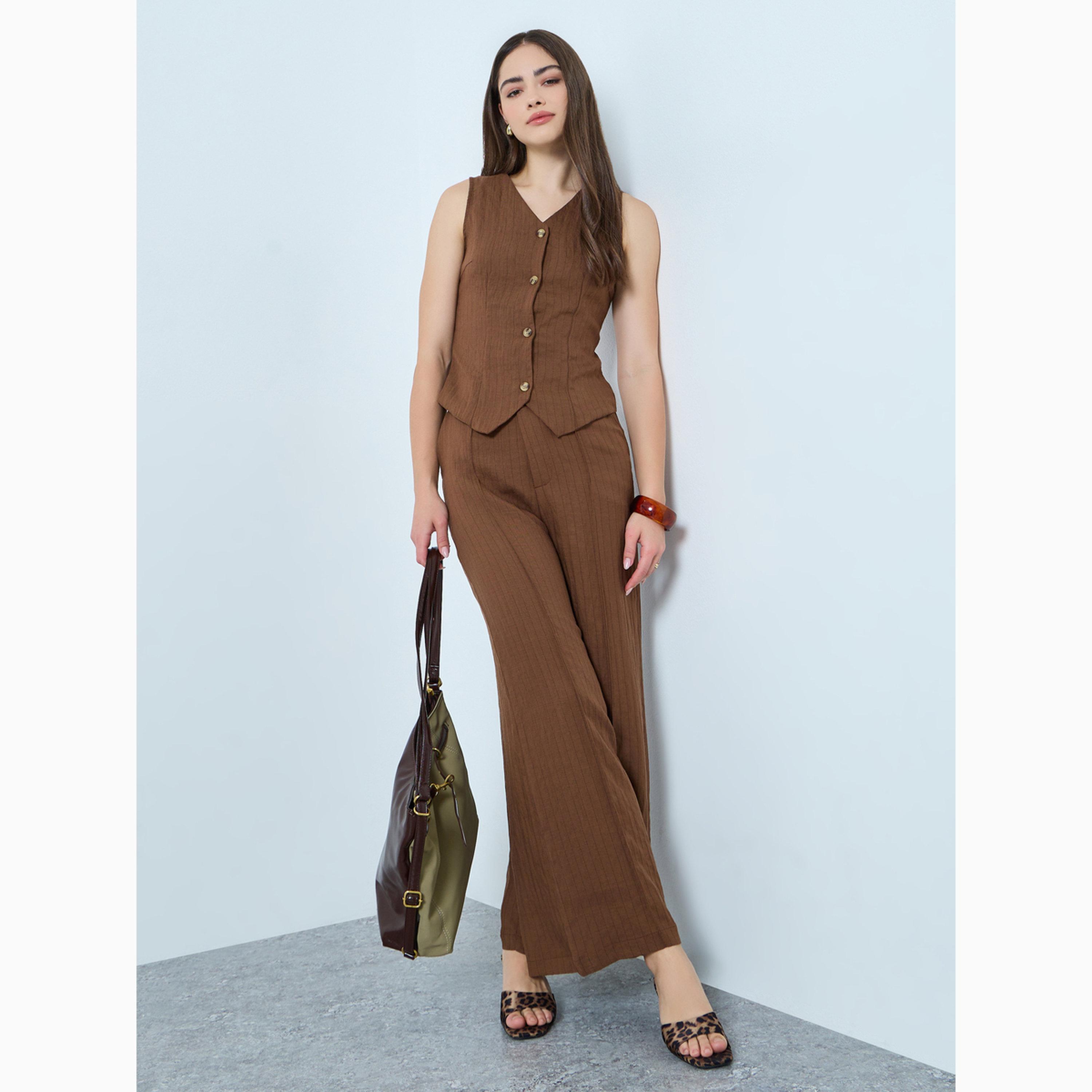 Styli Brown Linen Sleeveless Waistcoat-women-winterwear-coatsandjackets-waistcoats-image-2