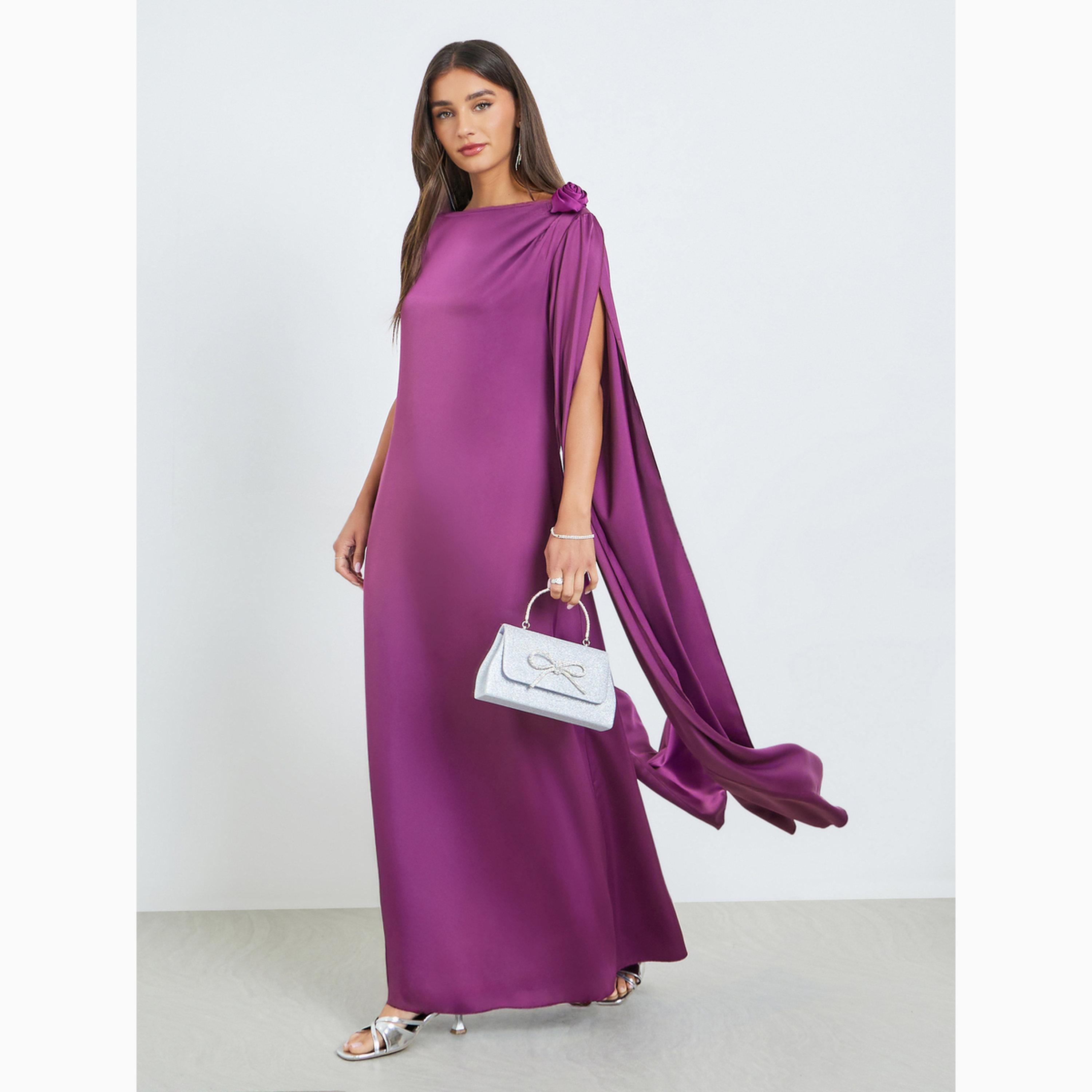 فستان طويل بأكمام مشقوقة وتفاصيل درابيه-women-clothing-dresses-image-2