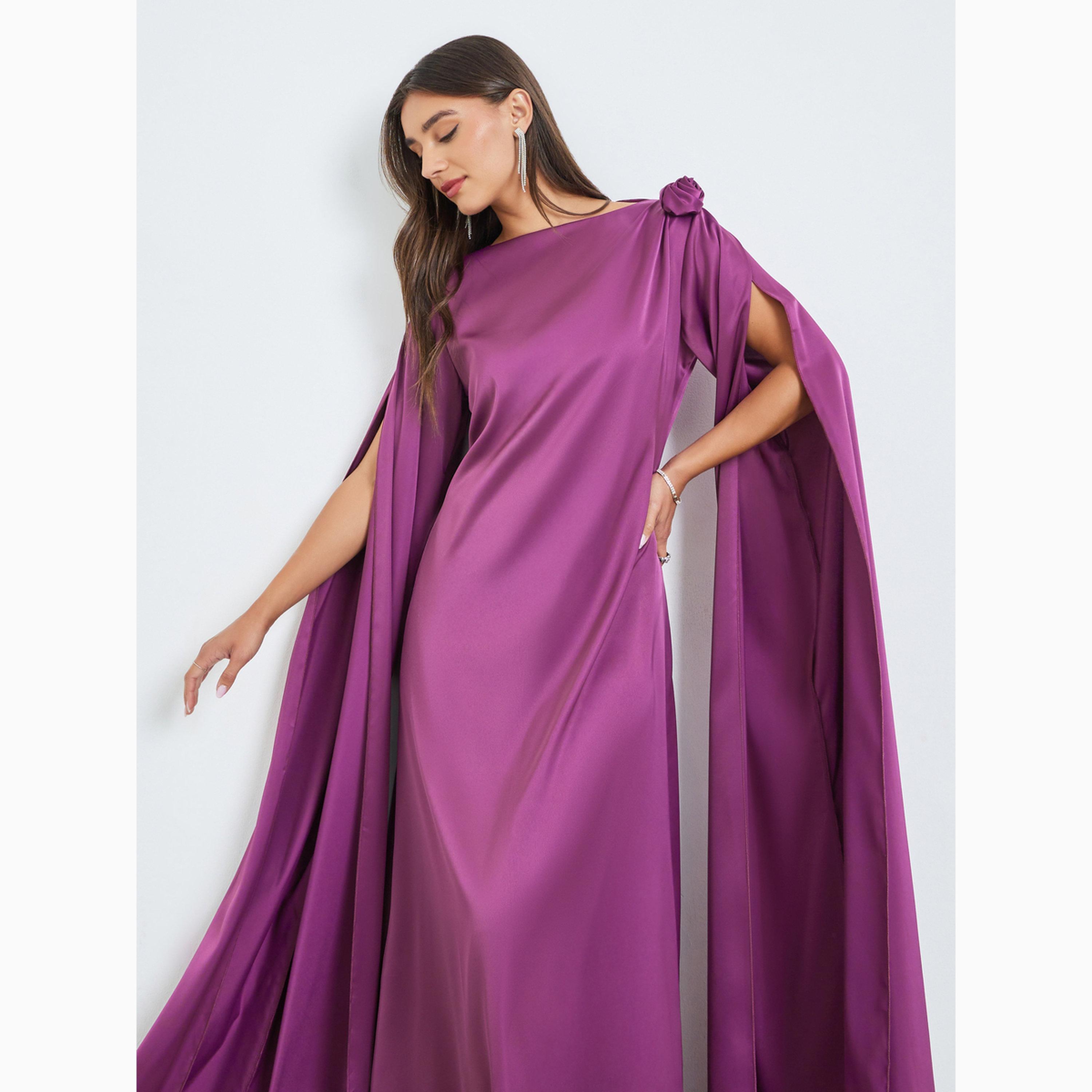 فستان طويل بأكمام مشقوقة وتفاصيل درابيه-women-clothing-dresses-image-3