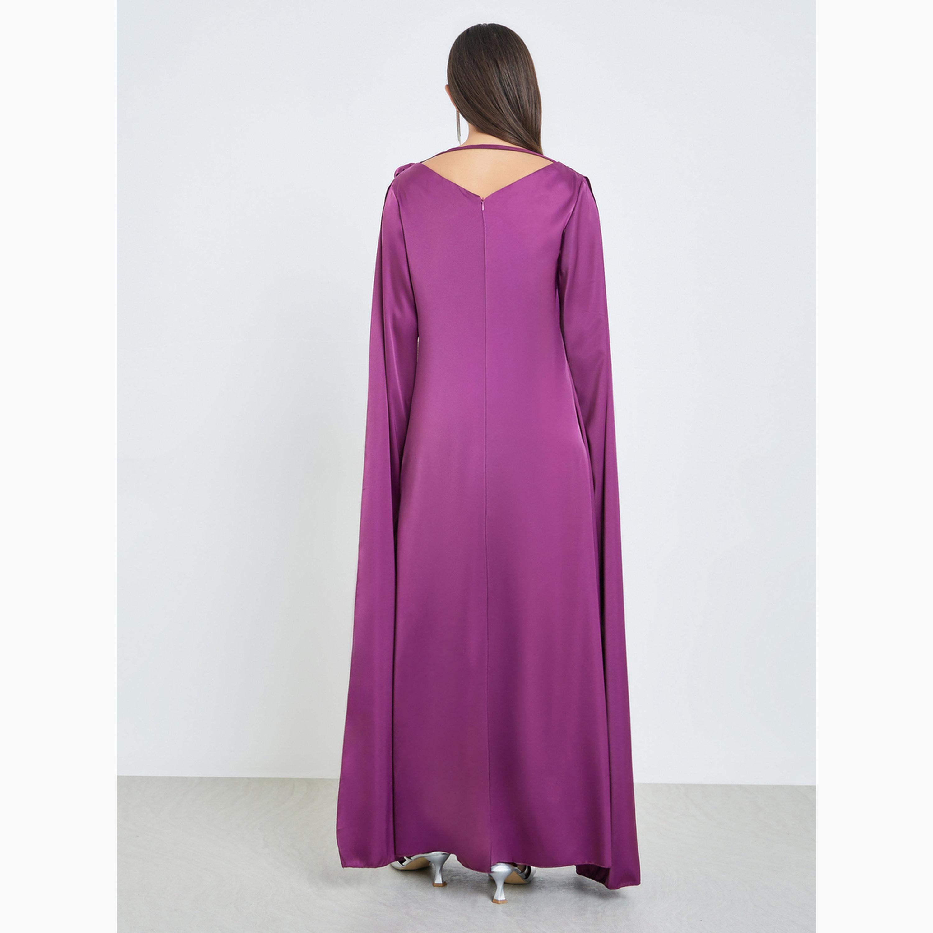 فستان طويل بأكمام مشقوقة وتفاصيل درابيه-women-clothing-dresses-image-5