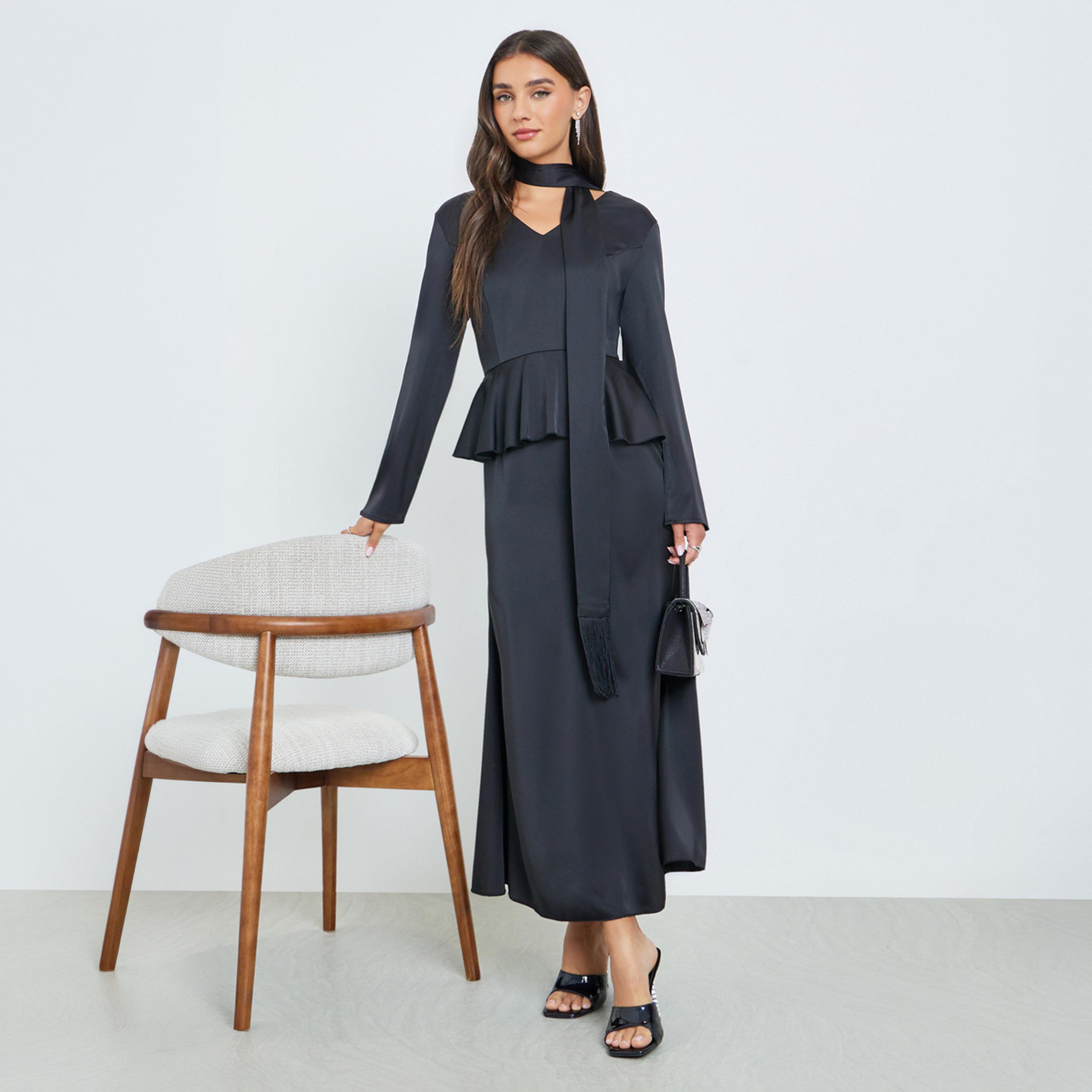 Styli Black Peplum Ruffle Maxi Dress with Tie-Neck-women-clothing-dresses-image-1