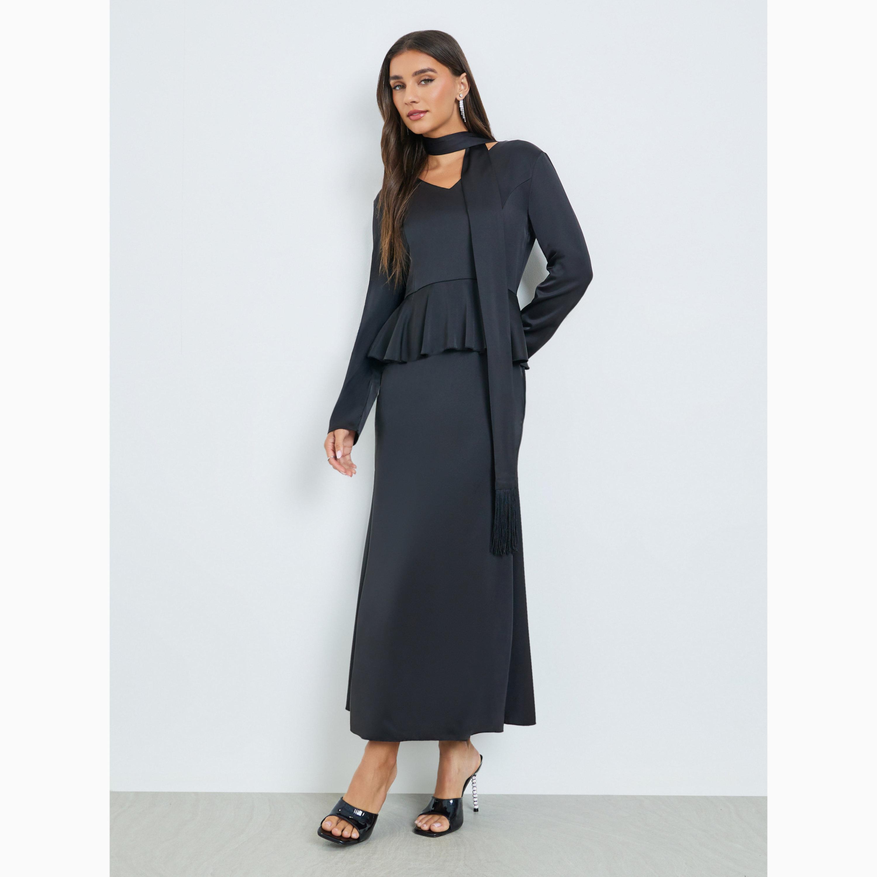 Styli Black Peplum Ruffle Maxi Dress with Tie-Neck-women-clothing-dresses-image-2