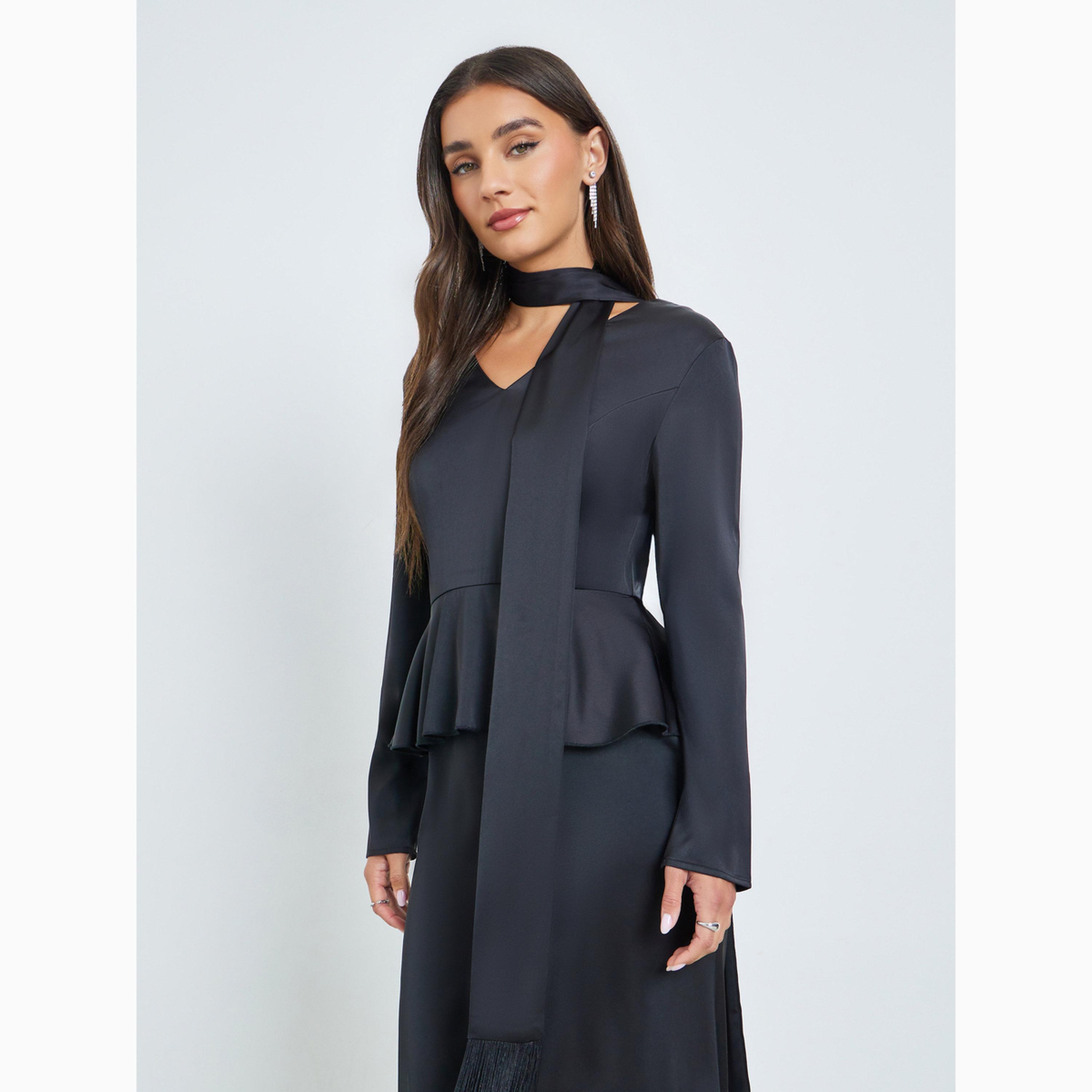 فستان طويل ببيبلوم وكشكش ورباط ياقة-women-clothing-dresses-image-3