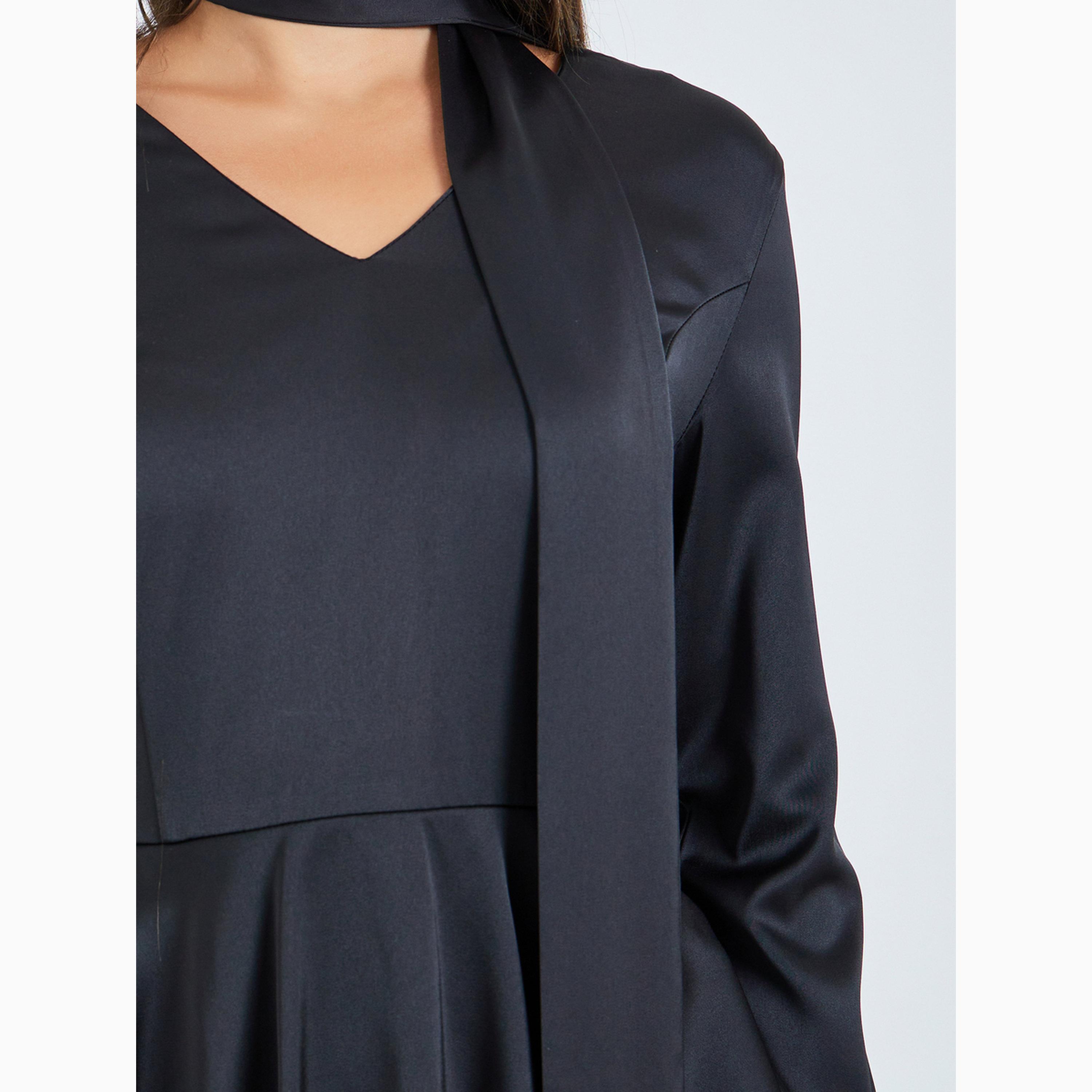 Styli Black Peplum Ruffle Maxi Dress with Tie-Neck-women-clothing-dresses-image-4
