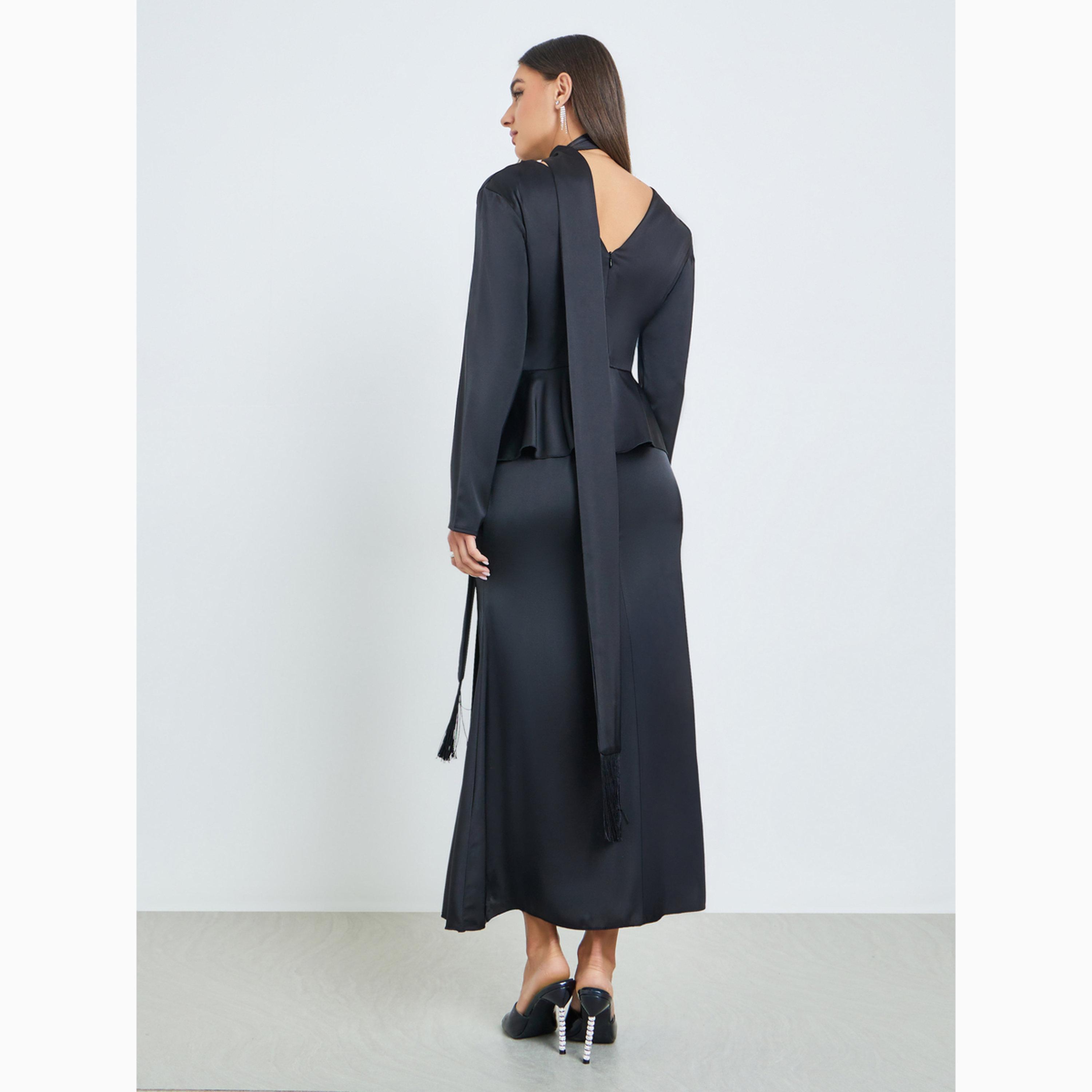 Styli Black Peplum Ruffle Maxi Dress with Tie-Neck-women-clothing-dresses-image-5