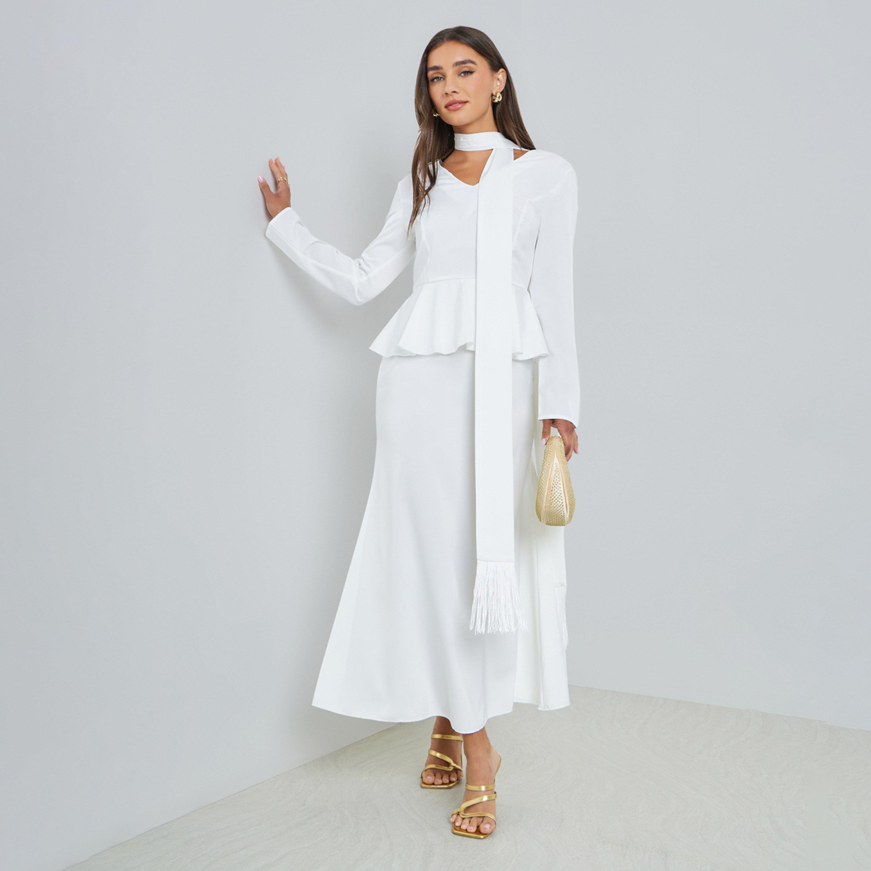 فستان طويل ببيبلوم وكشكش ورباط ياقة-women-clothing-dresses-image-1