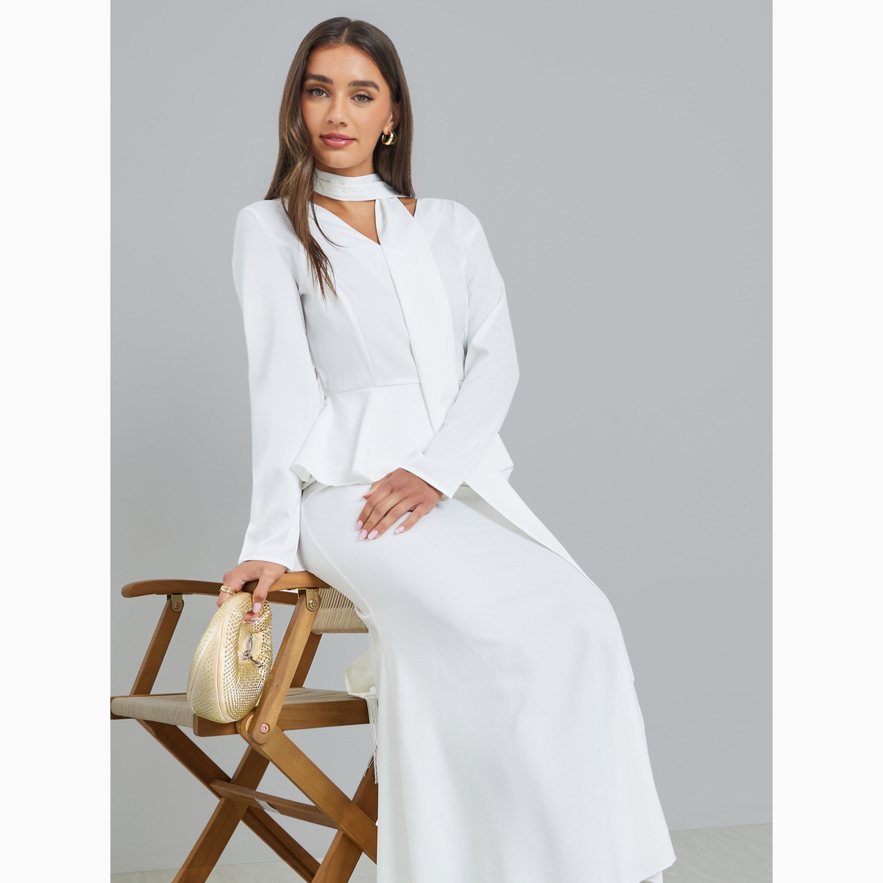 Styli White Peplum Ruffle Maxi Dress with Tie-Neck-women-clothing-dresses-image-2