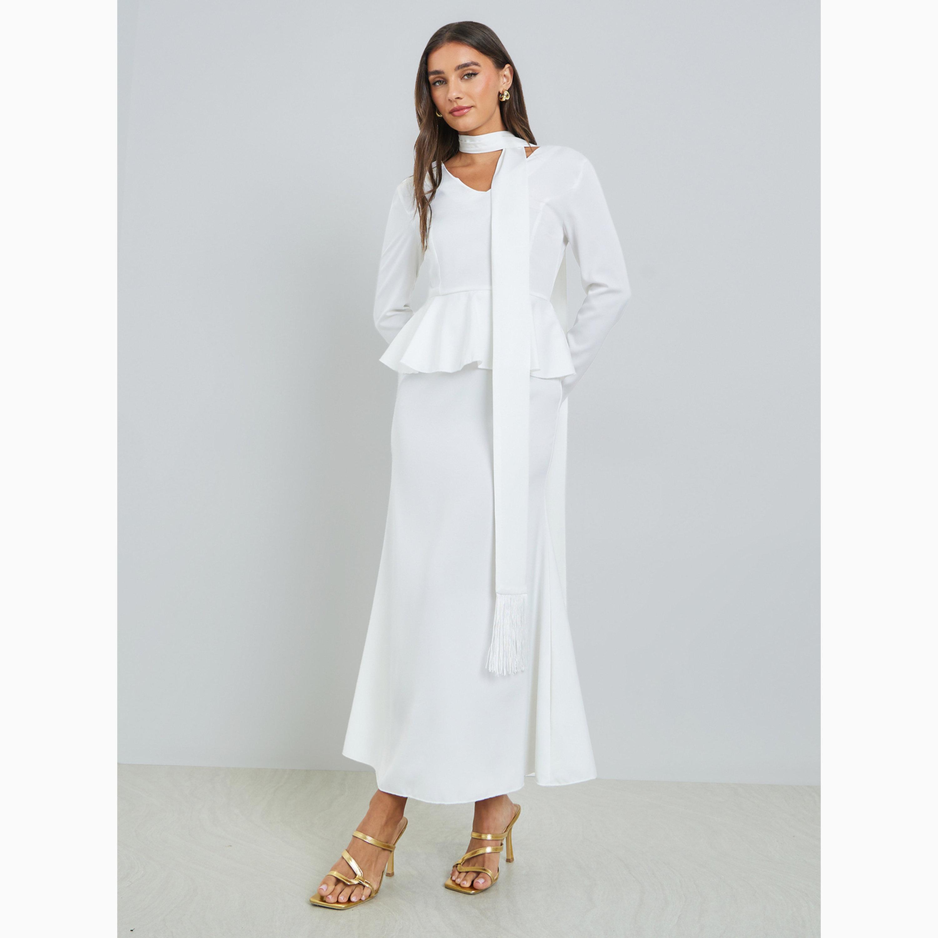 فستان طويل ببيبلوم وكشكش ورباط ياقة-women-clothing-dresses-image-3