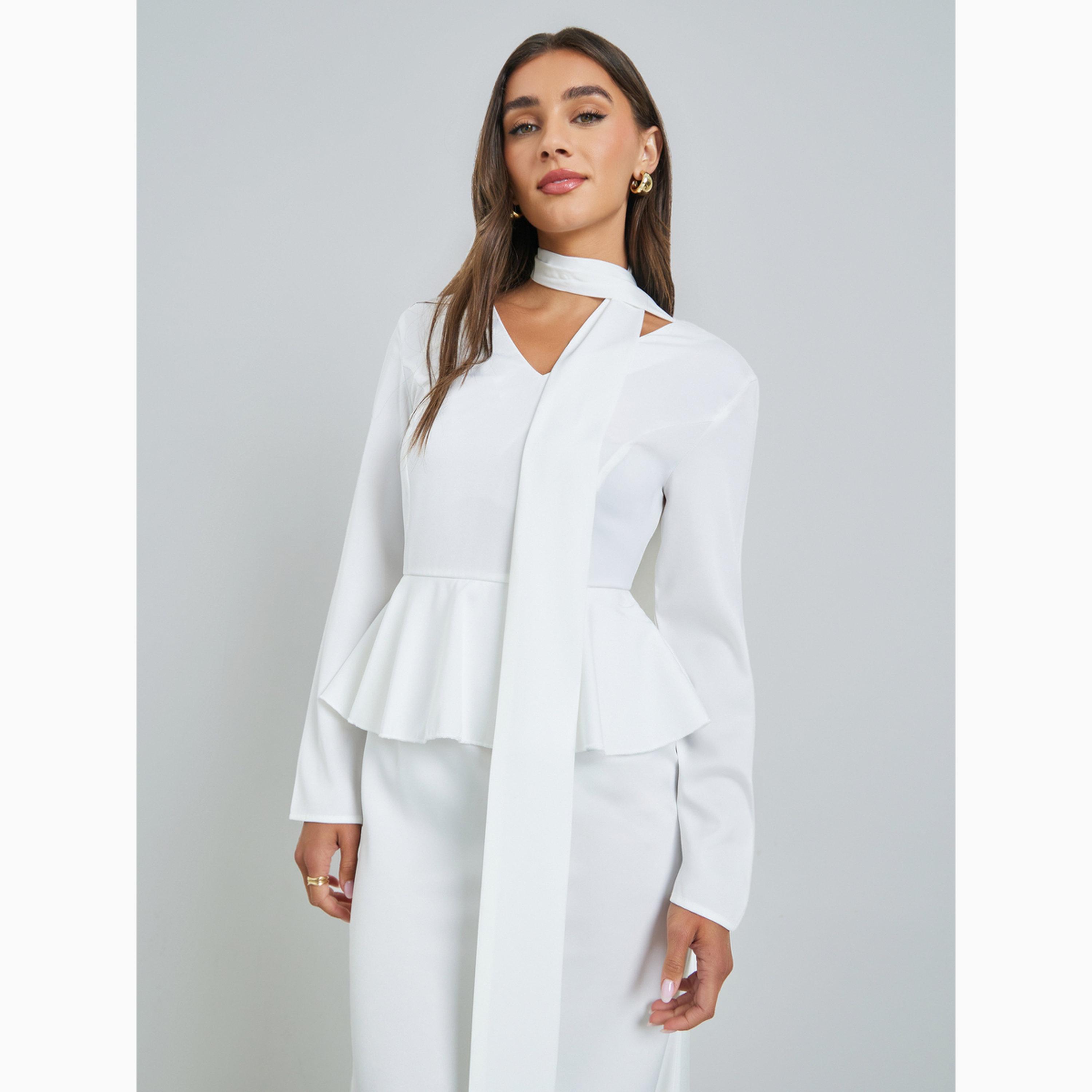 فستان طويل ببيبلوم وكشكش ورباط ياقة-women-clothing-dresses-image-4