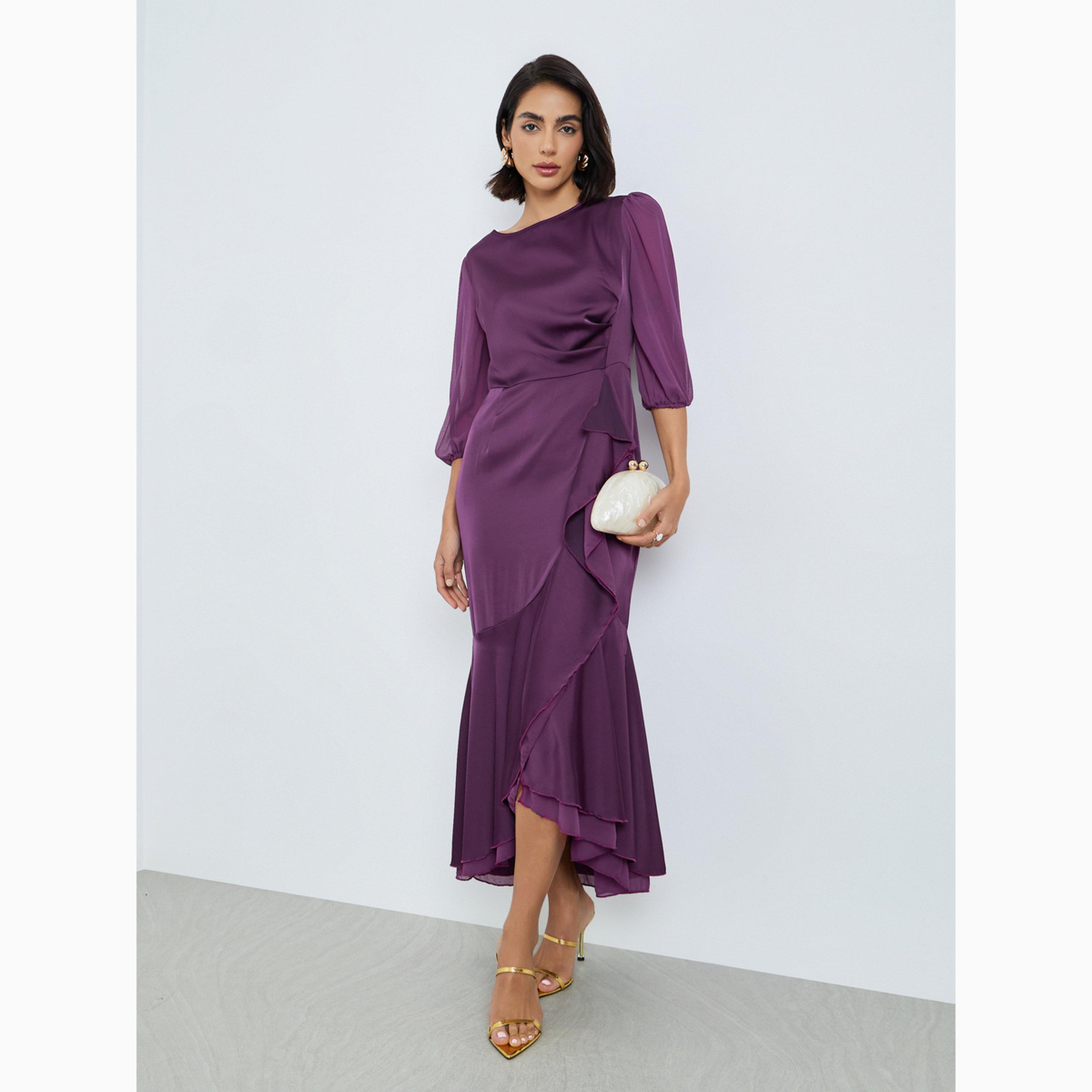 Styli Purple 3/4 Sleeves Frill Maxi Dress-women-clothing-dresses-image-1