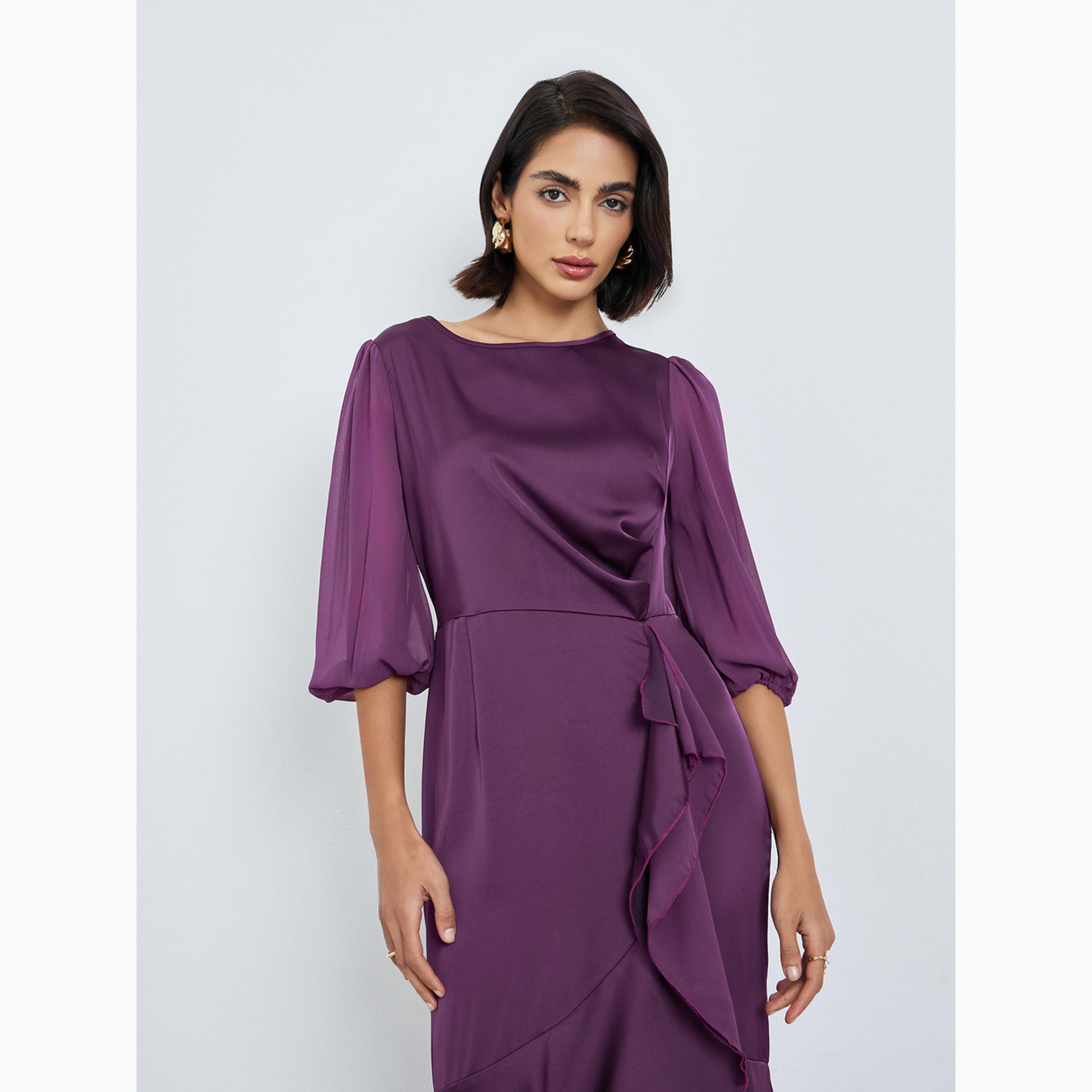 فستان طويل بأكمام 3/4 وكشكش-women-clothing-dresses-image-2