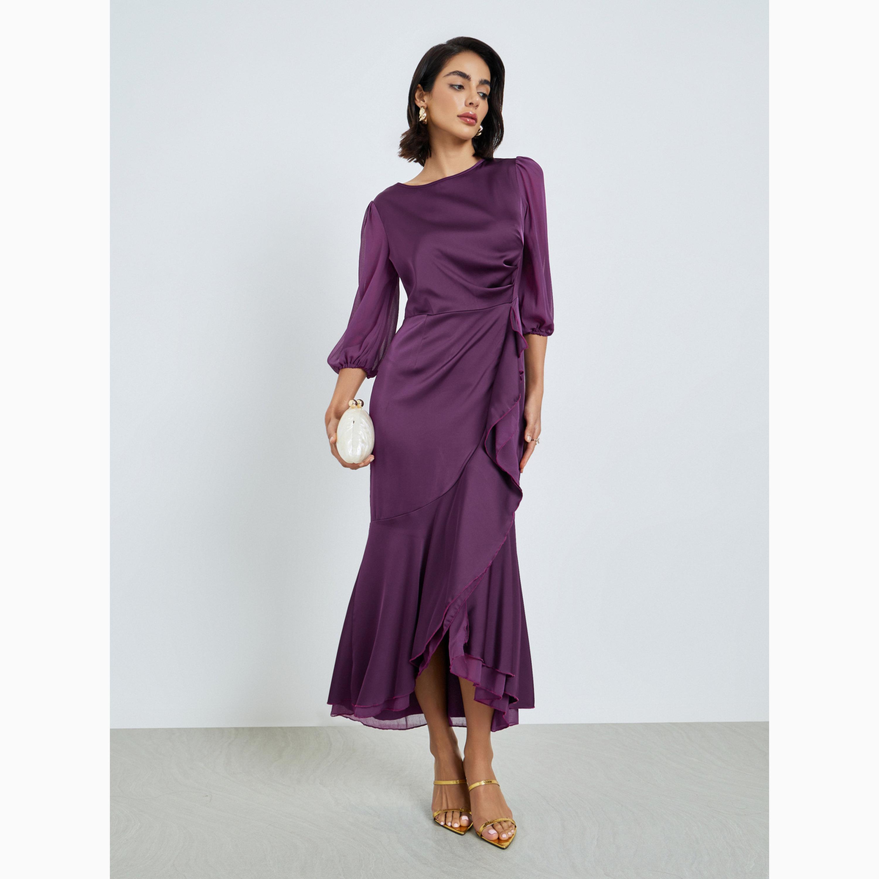 فستان طويل بأكمام 3/4 وكشكش-women-clothing-dresses-image-3