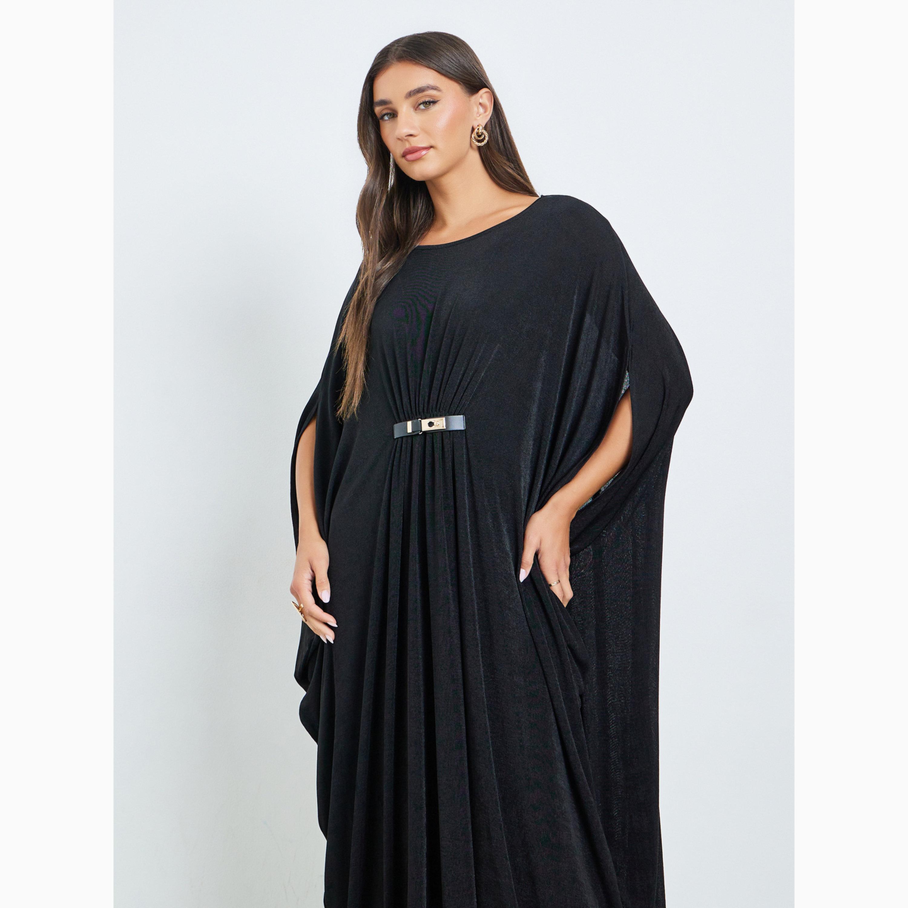 Styli Black Kimono Sleeve Maxi Dress with Buckle Detail-women-clothing-dresses-image-2