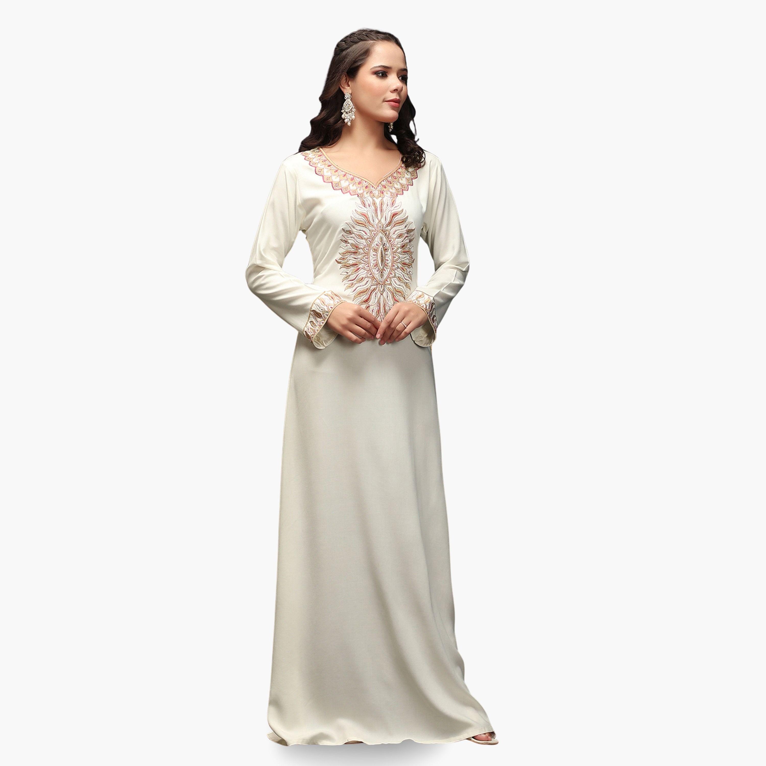 Maxim Creation Cream Embroidered V Neck Jalabiya-women-arabicclothing-jalabiyas-image-3