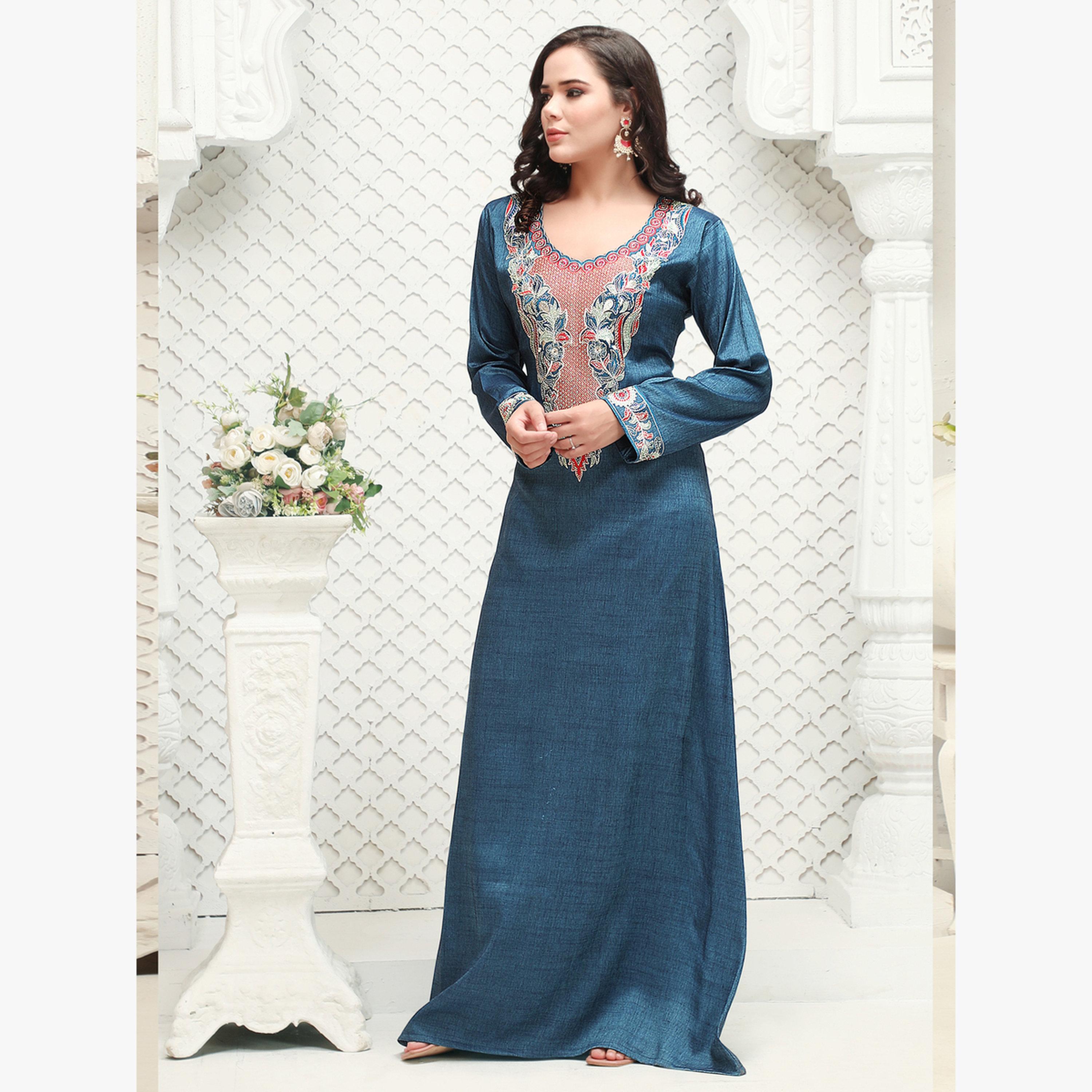 Maxim Creation Blue Embroidery Handwork V Neck Jalabiya-women-arabicclothing-jalabiyas-image-5