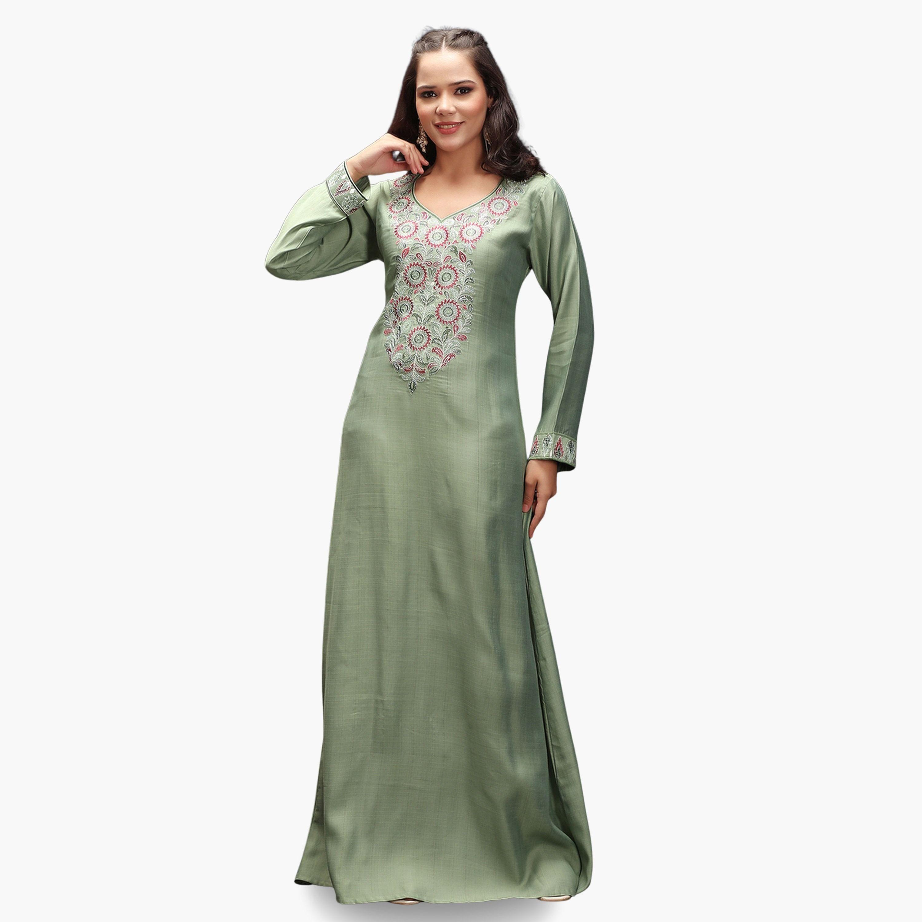 Maxim Creation Green Embroidery Handwork V Neck Jalabiya-women-arabicclothing-jalabiyas-image-2