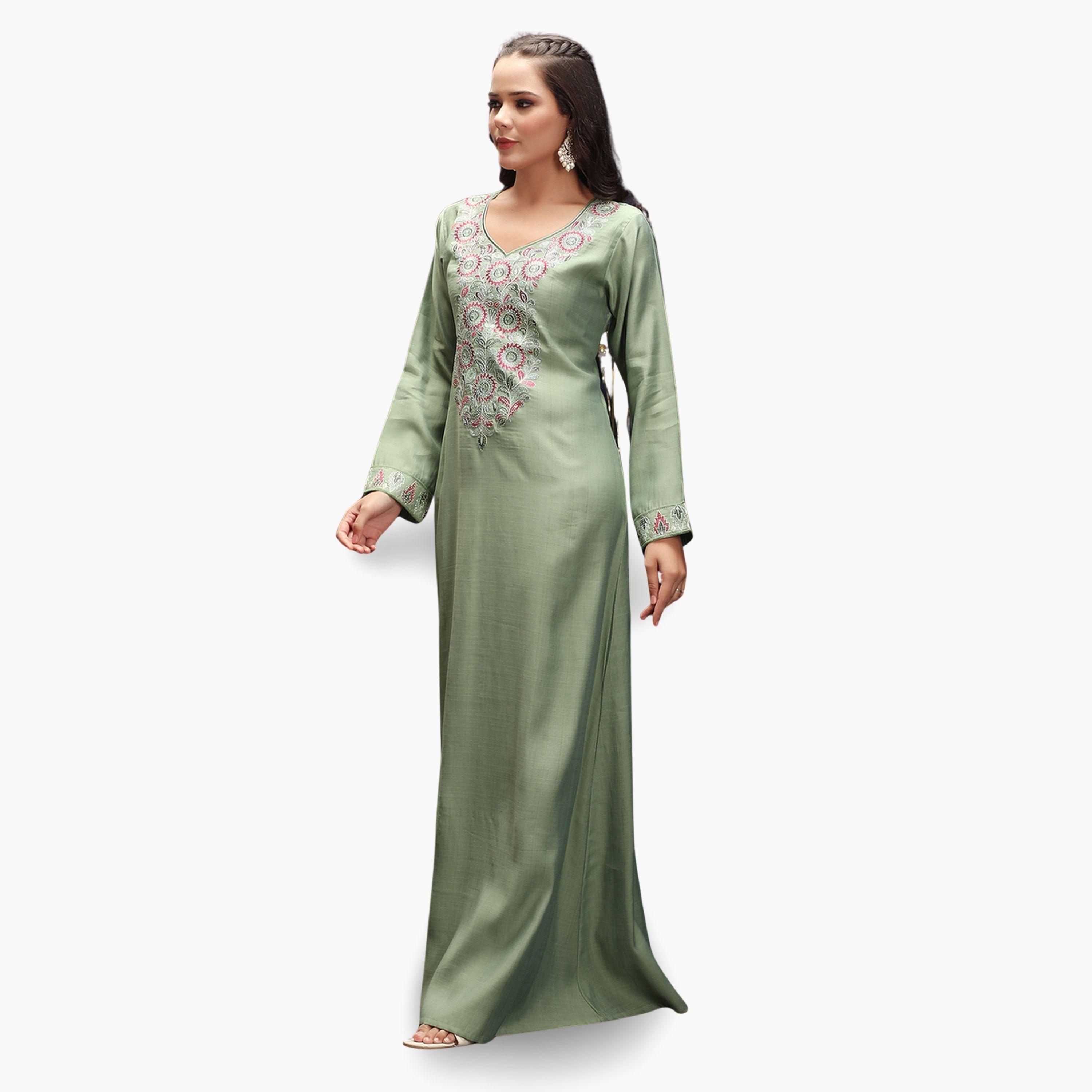 Maxim Creation Green Embroidery Handwork V Neck Jalabiya-women-arabicclothing-jalabiyas-image-3