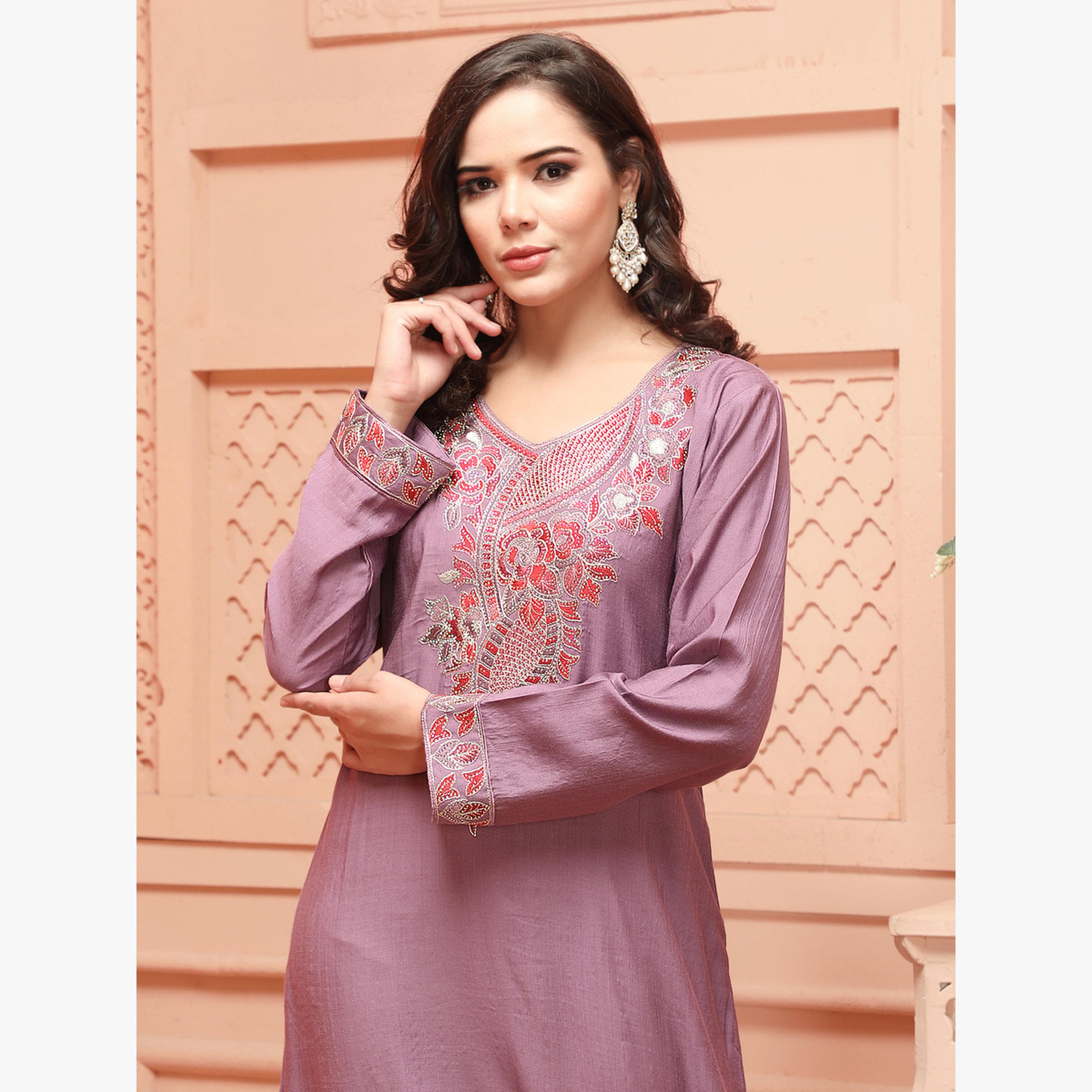 Maxim Creation Pink Embroidery Handwork V Neck Jalabiya-women-arabicclothing-jalabiyas-image-5