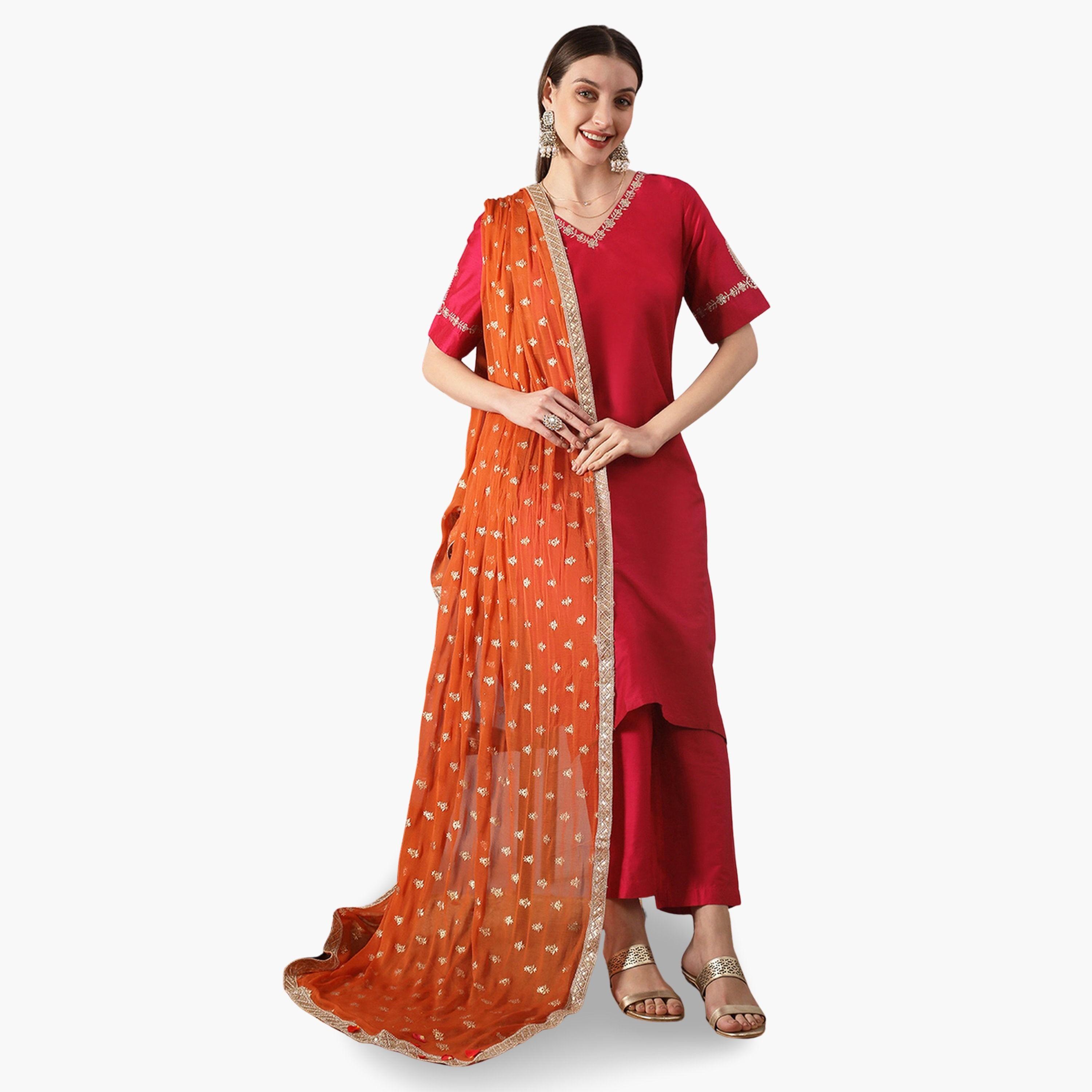 طقم منسق من كورتا مستقيمة مطرزة وبنطال ودوباتا-women-clothing-ethnicwear-kurtasets-image-1