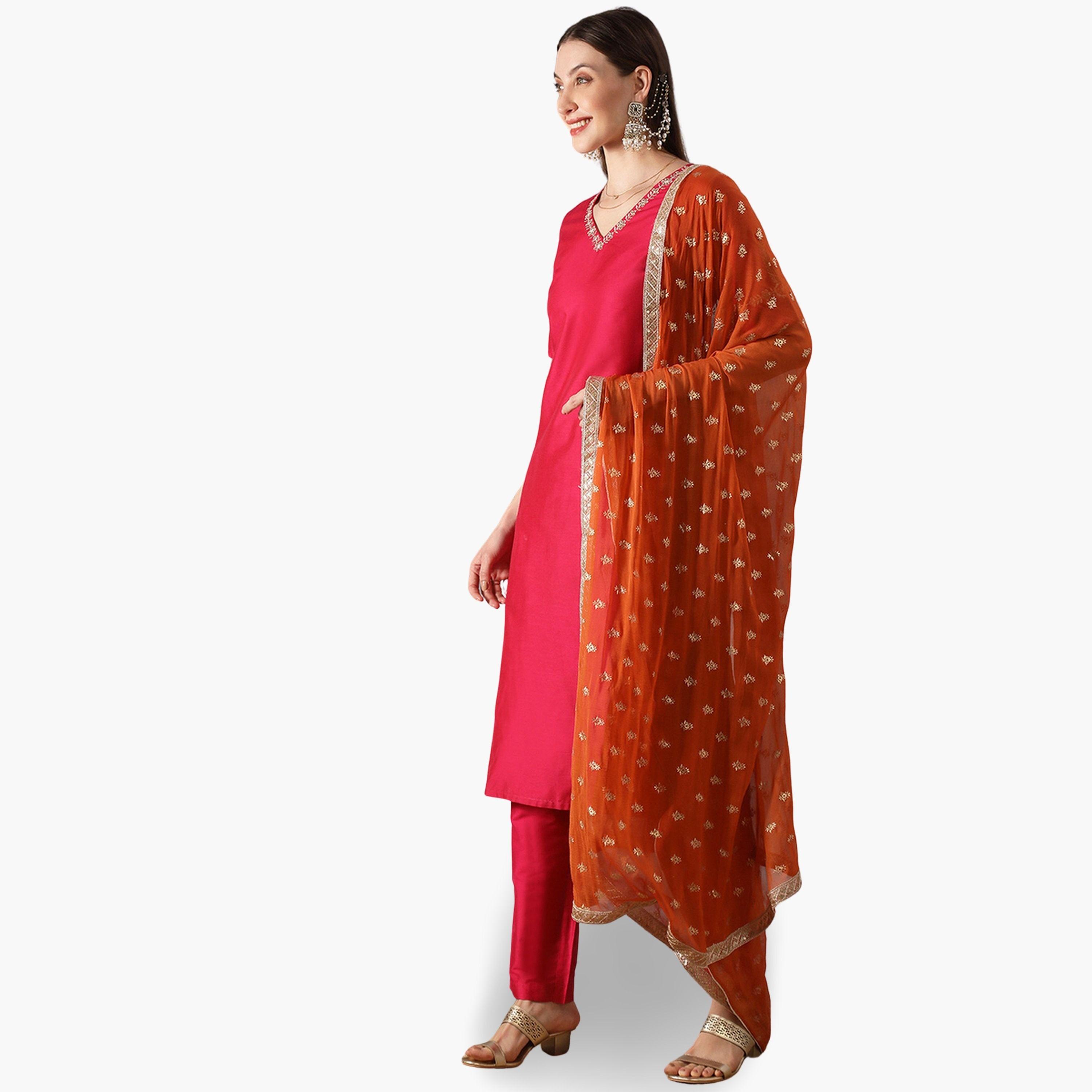 طقم منسق من كورتا مستقيمة مطرزة وبنطال ودوباتا-women-clothing-ethnicwear-kurtasets-image-2