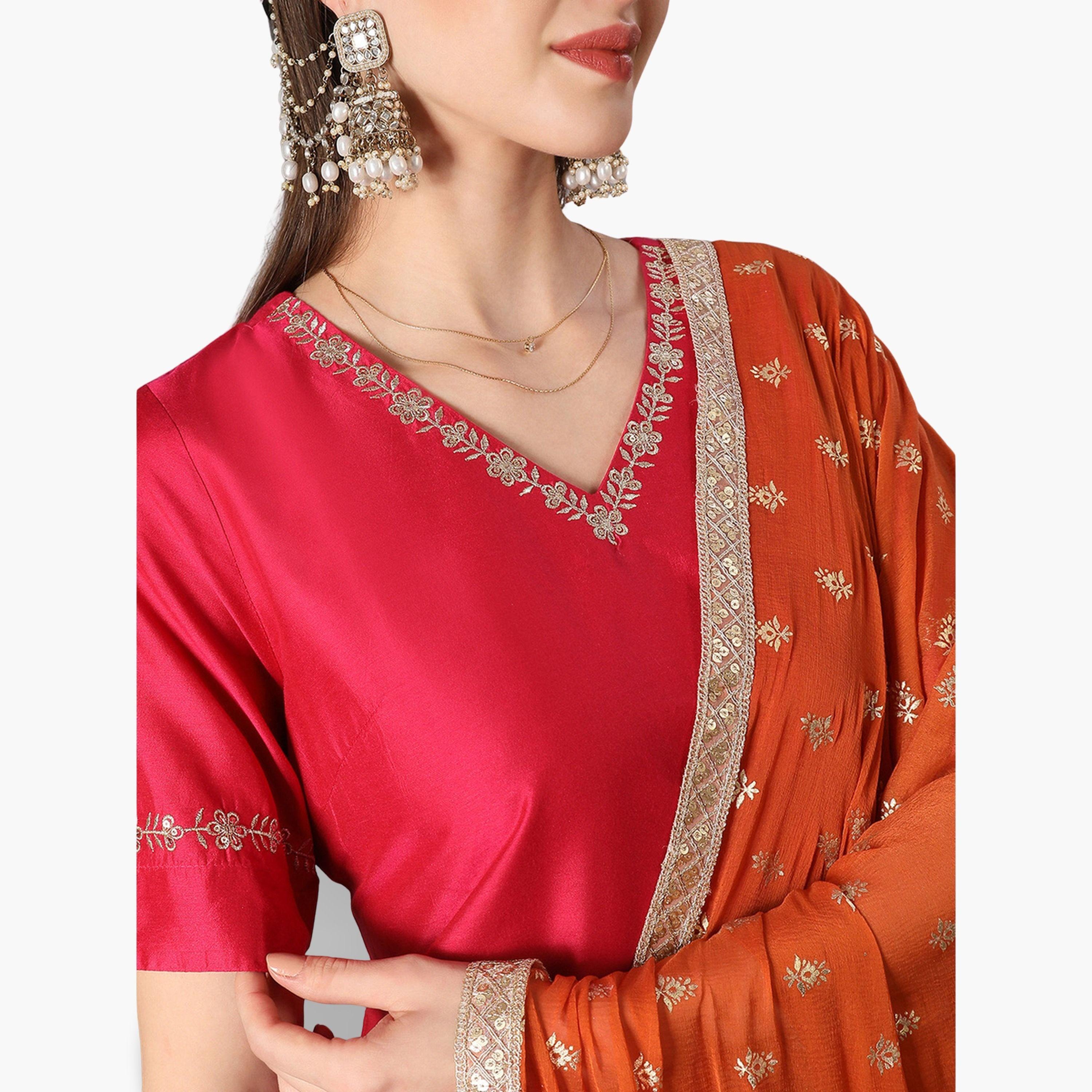 طقم منسق من كورتا مستقيمة مطرزة وبنطال ودوباتا-women-clothing-ethnicwear-kurtasets-image-3