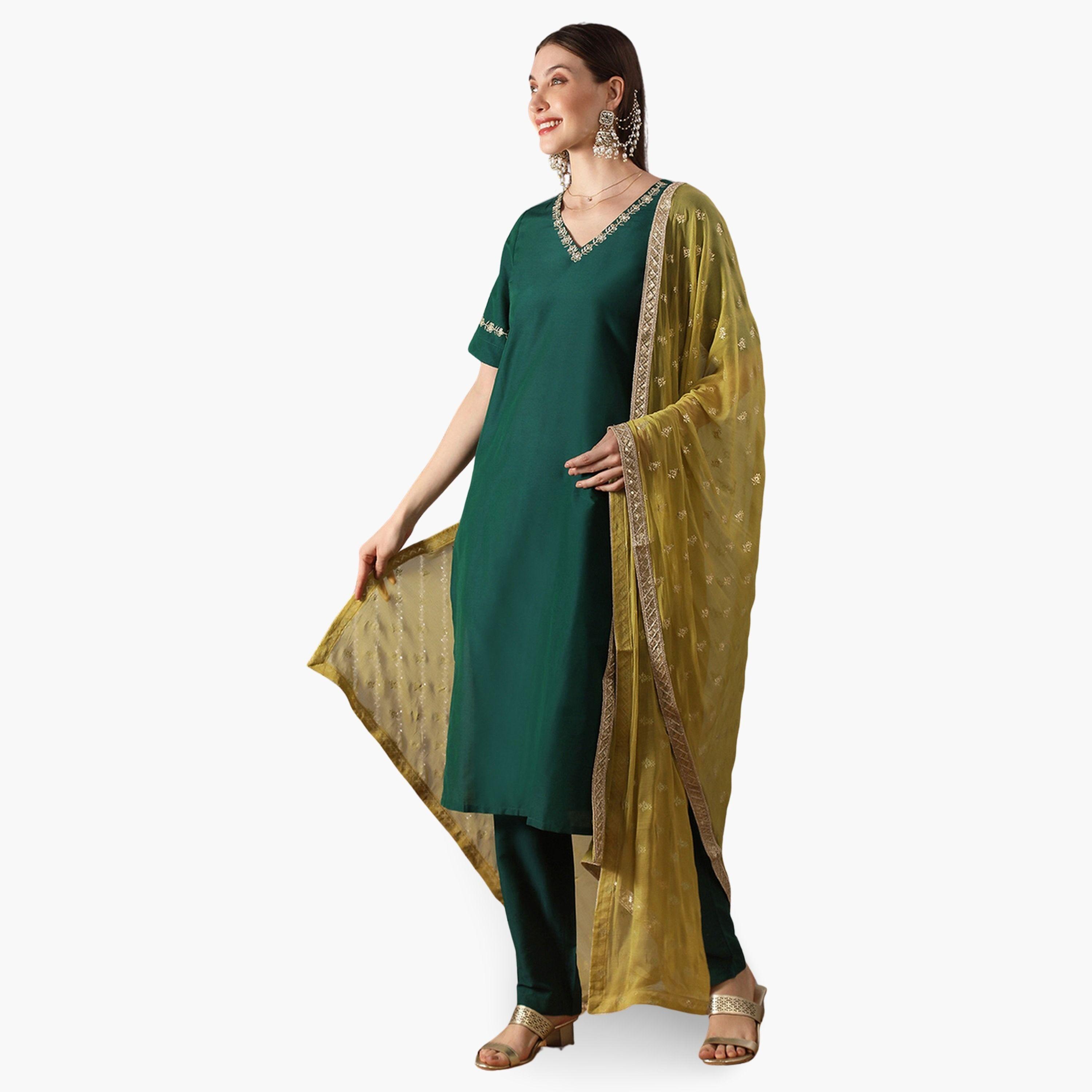 طقم منسق من كورتا مستقيمة مطرزة وبنطال ودوباتا-women-clothing-ethnicwear-kurtasets-image-2