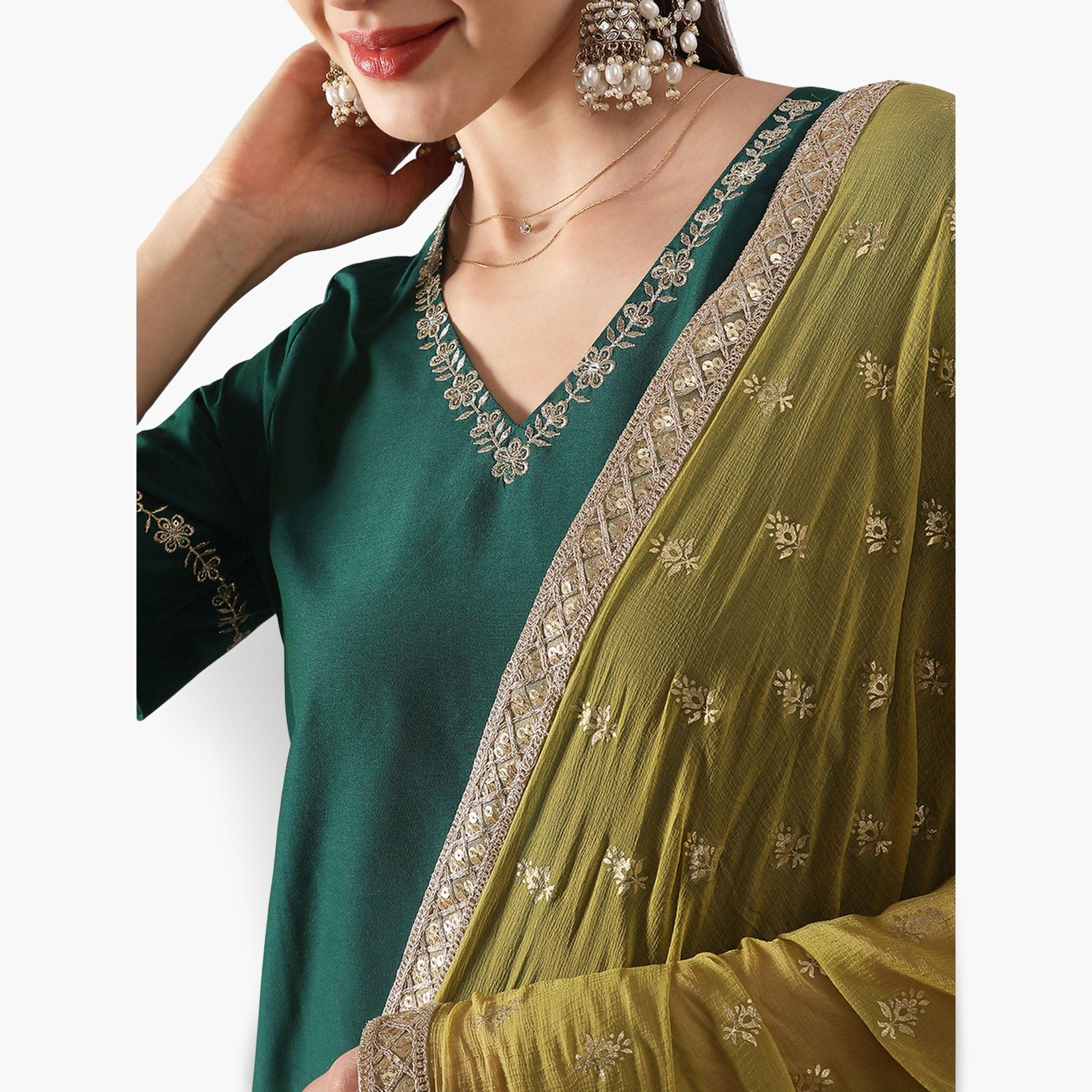 طقم منسق من كورتا مستقيمة مطرزة وبنطال ودوباتا-women-clothing-ethnicwear-kurtasets-image-3