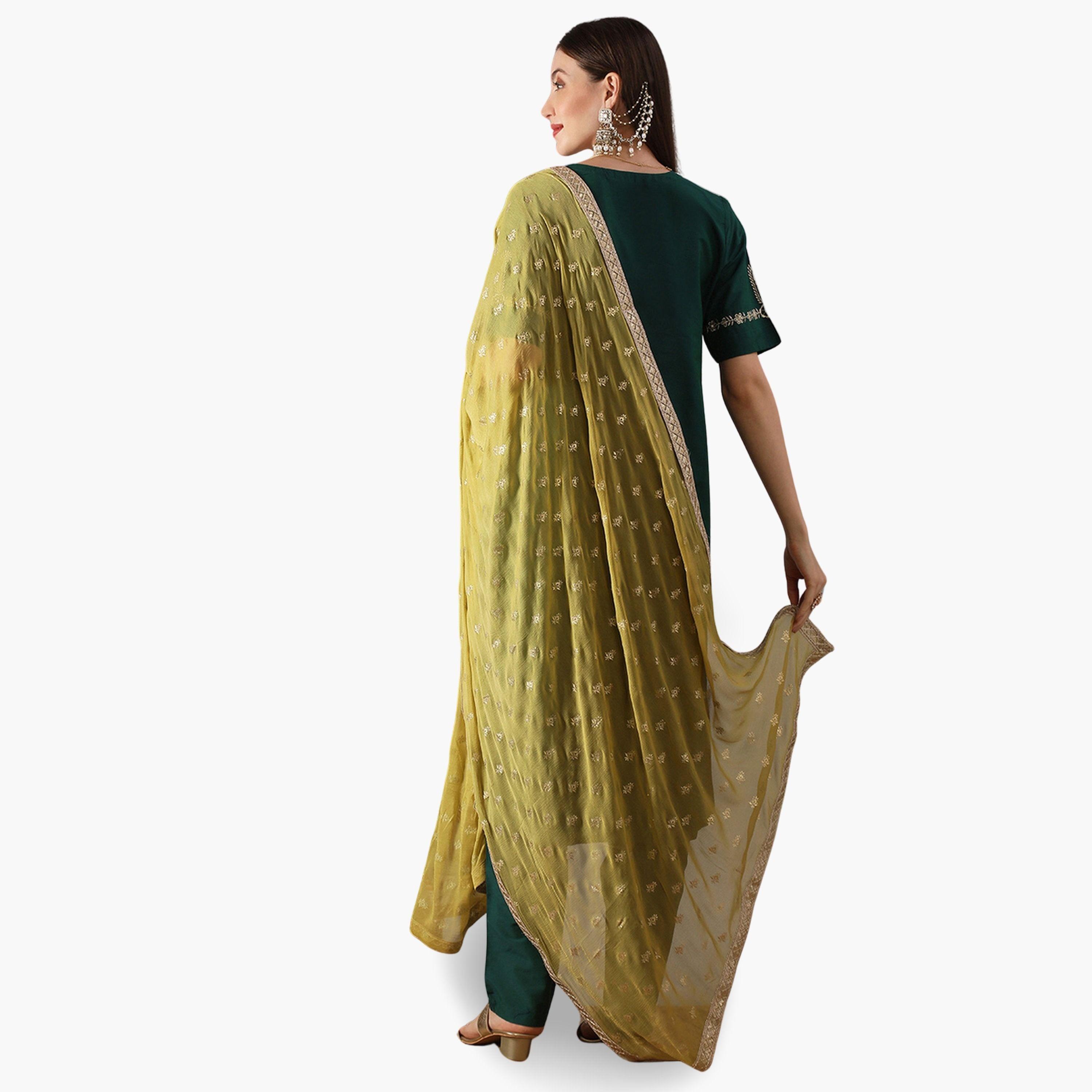 طقم منسق من كورتا مستقيمة مطرزة وبنطال ودوباتا-women-clothing-ethnicwear-kurtasets-image-6