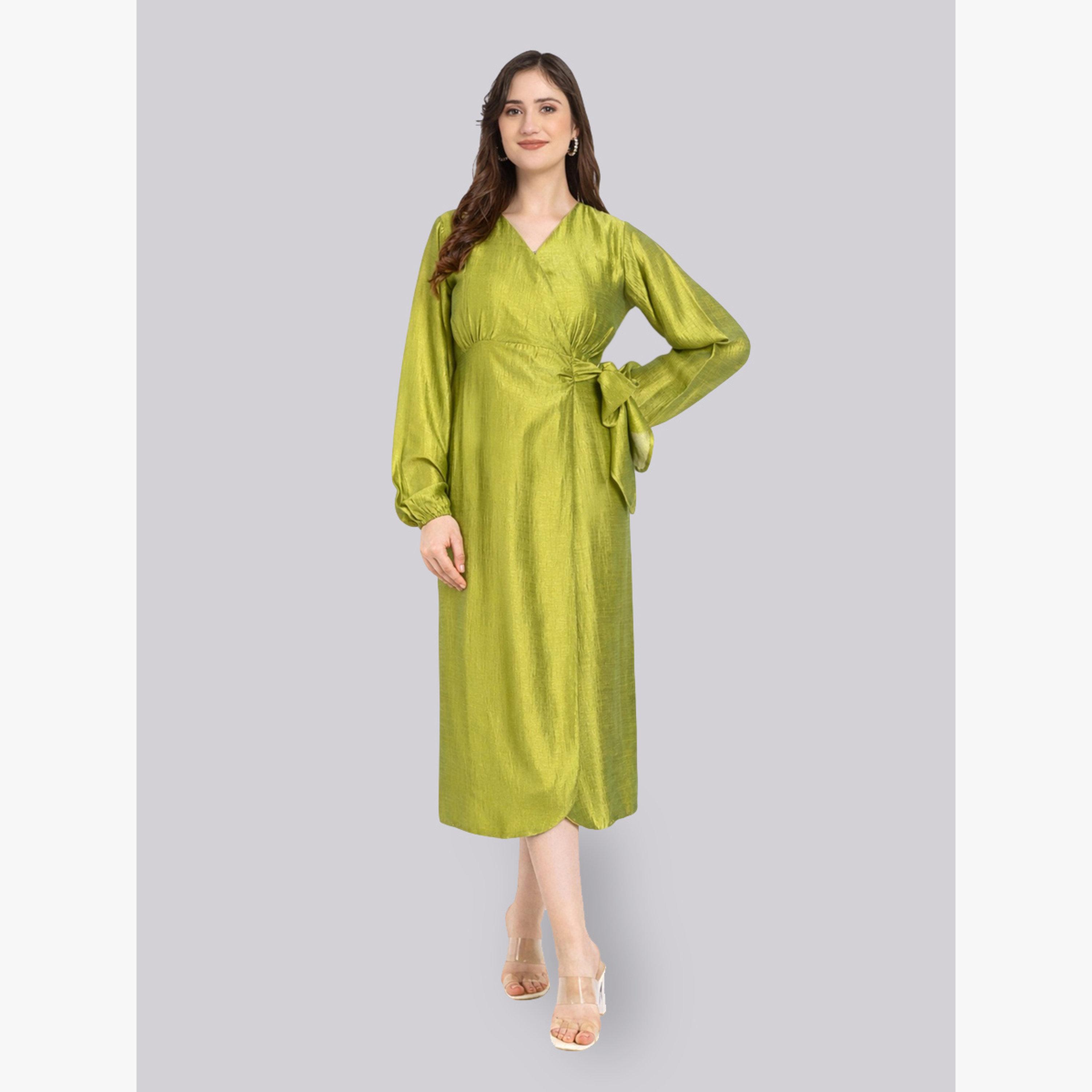 فستان ميدي بنمط لف وأكمام بالون-women-clothing-dresses-image-1