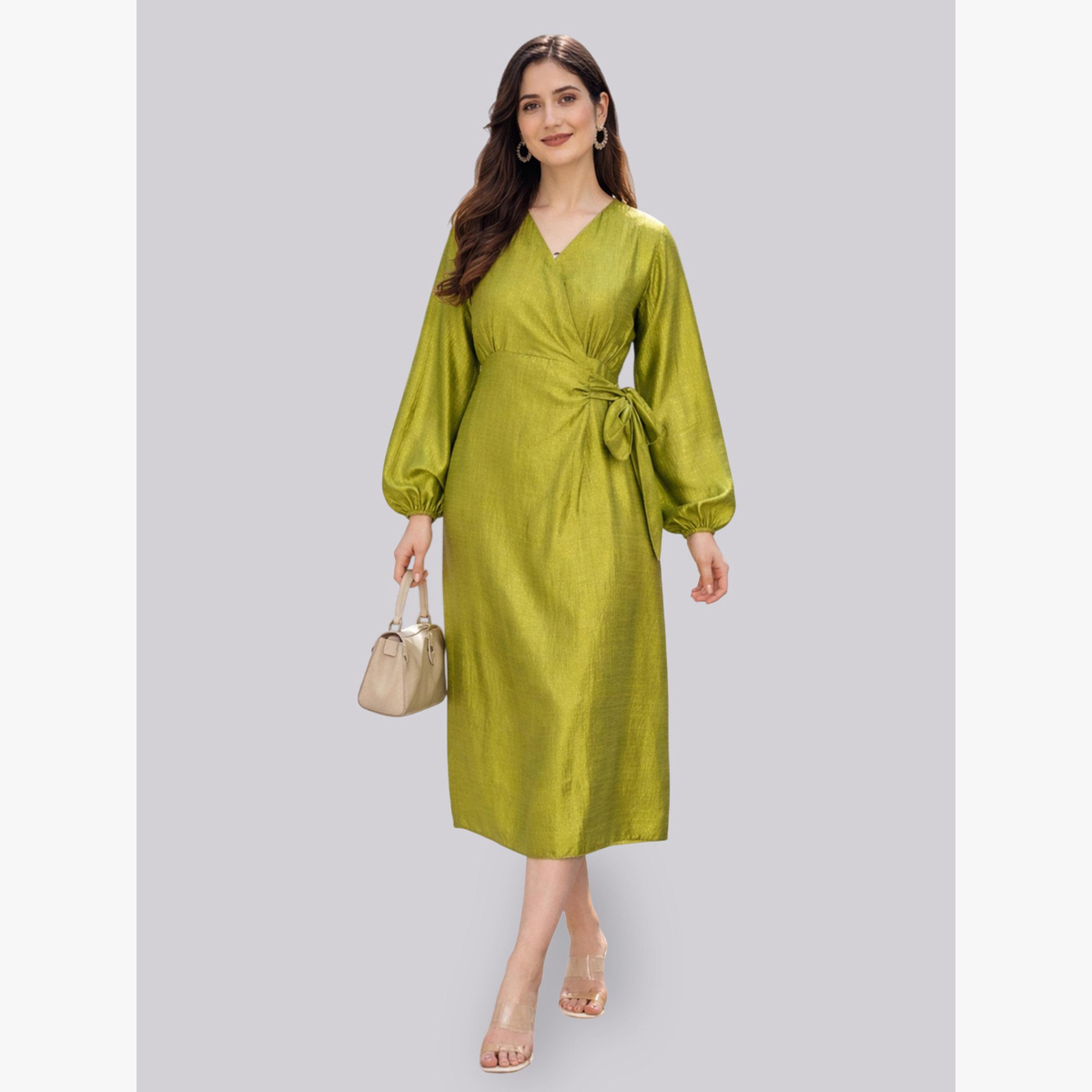 فستان ميدي بنمط لف وأكمام بالون-women-clothing-dresses-image-3