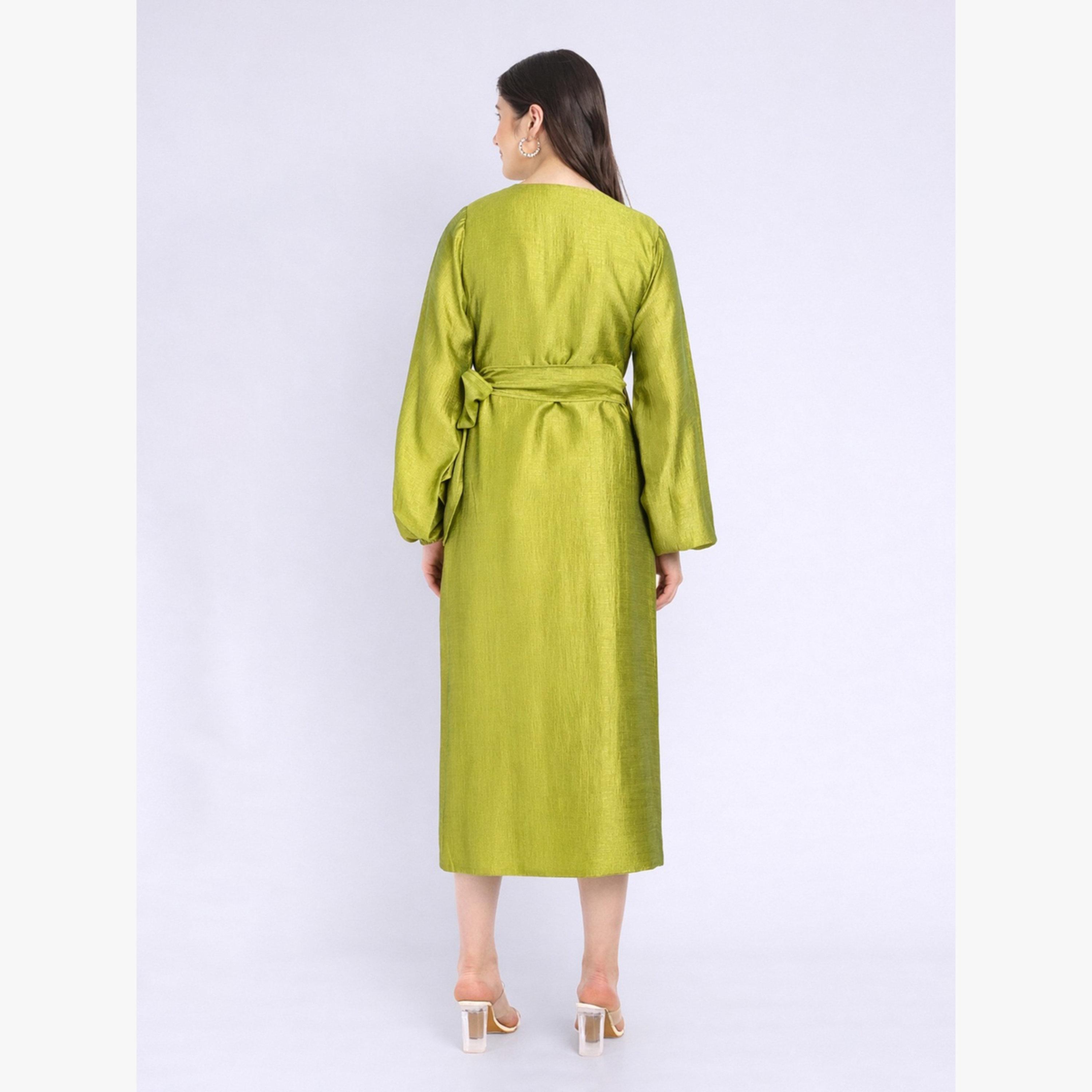 HOUSE OF RAELI X Styli Green Balloon Sleeves Wrap Midi Dress-women-clothing-dresses-image-4