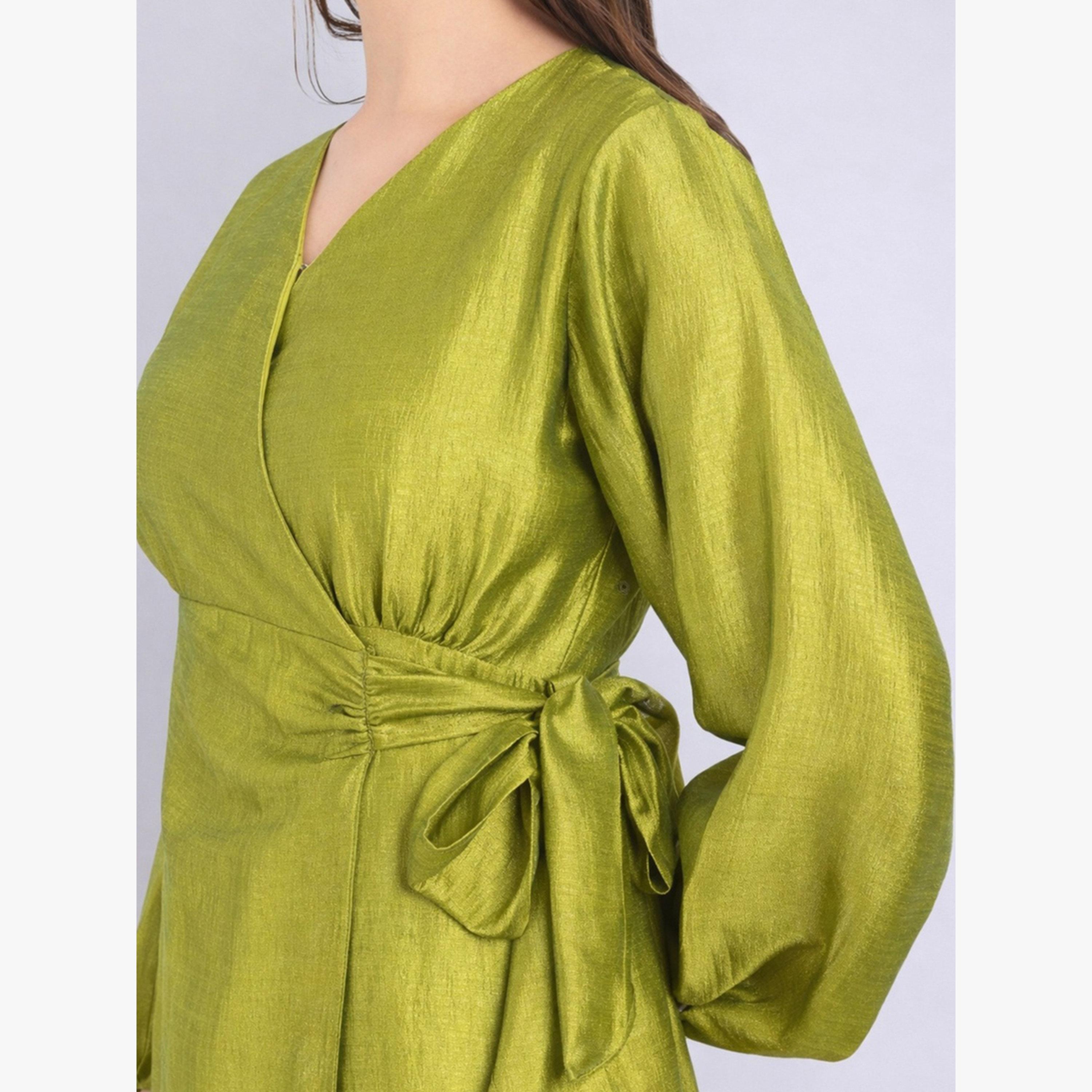 HOUSE OF RAELI X Styli Green Balloon Sleeves Wrap Midi Dress-women-clothing-dresses-image-5