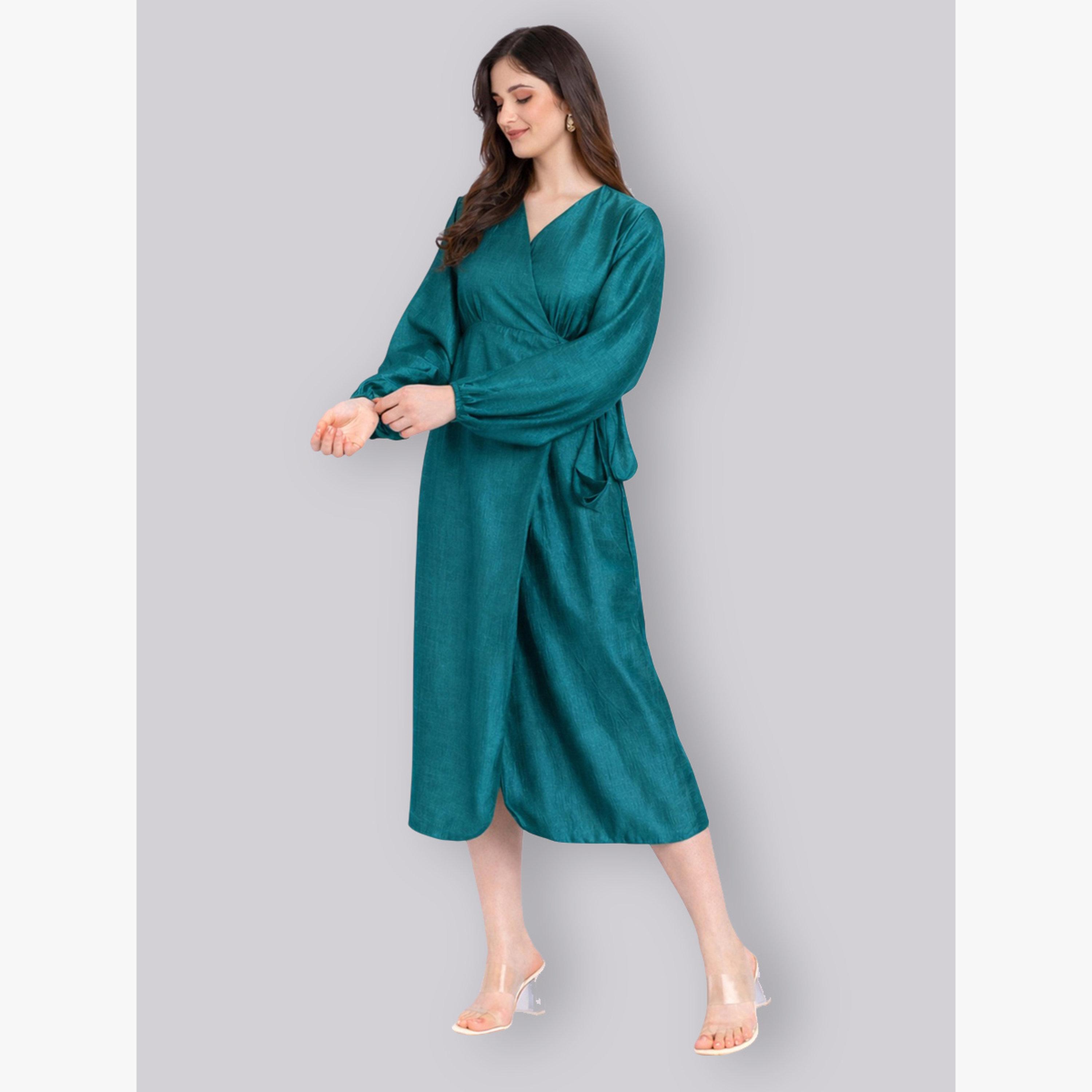 فستان ميدي بنمط لف وأكمام بالون-women-clothing-dresses-image-1