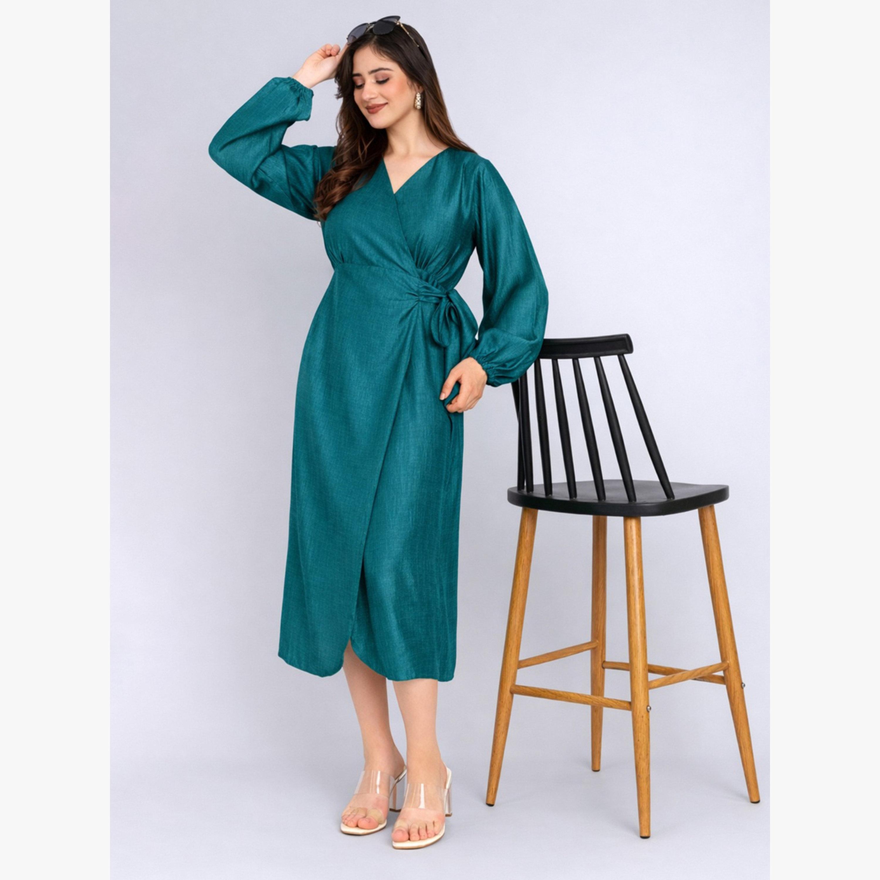 فستان ميدي بنمط لف وأكمام بالون-women-clothing-dresses-image-2