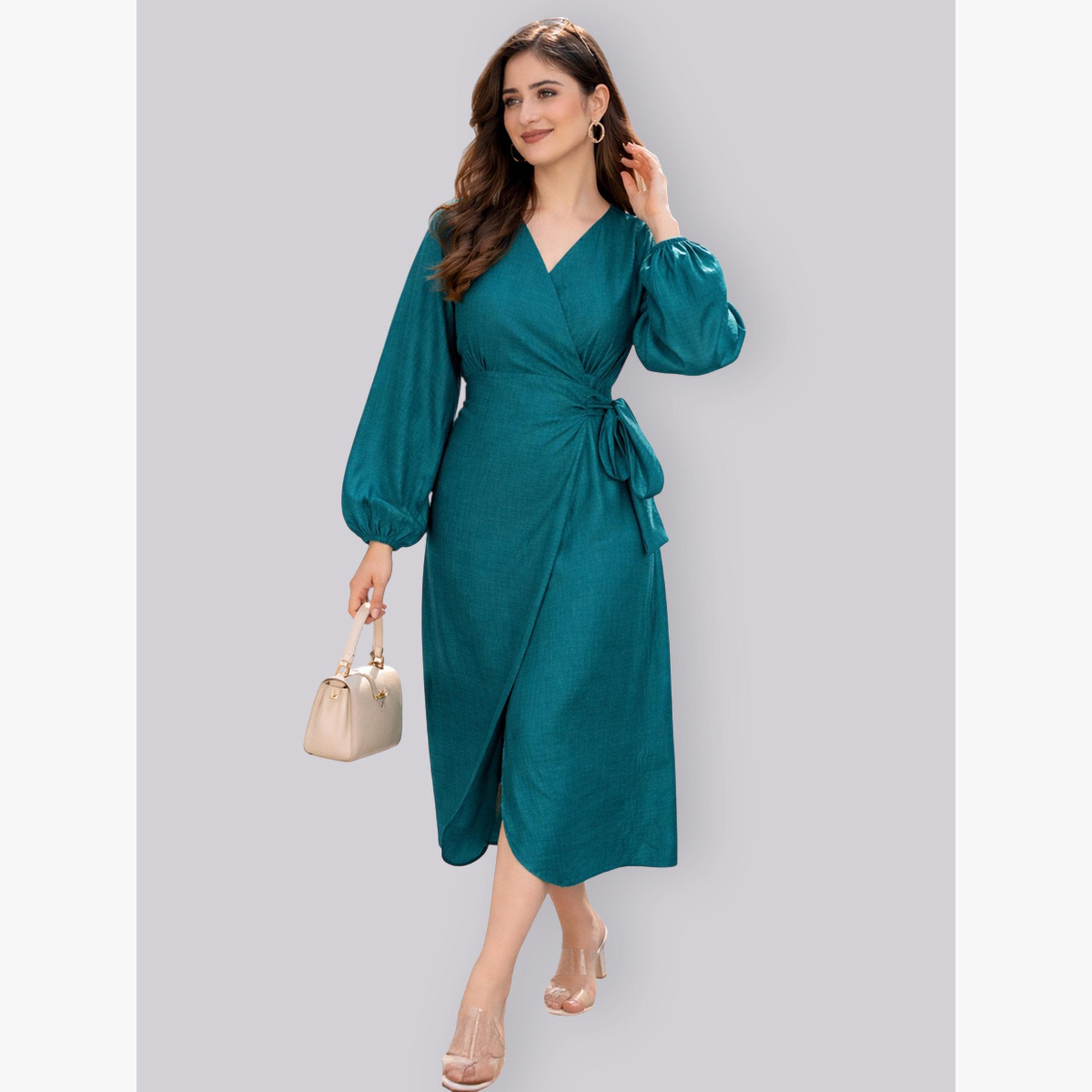 فستان ميدي بنمط لف وأكمام بالون-women-clothing-dresses-image-3