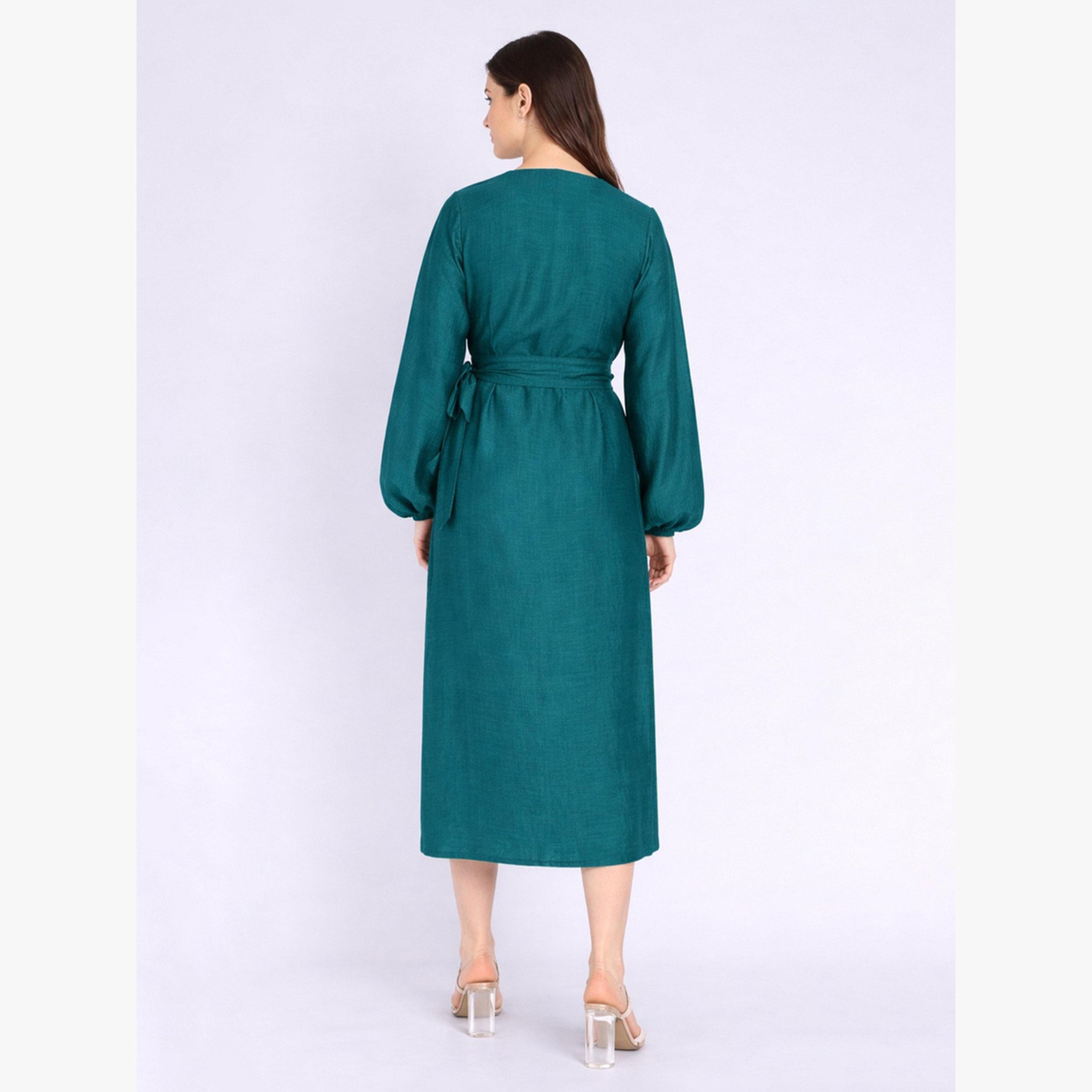 فستان ميدي بنمط لف وأكمام بالون-women-clothing-dresses-image-4