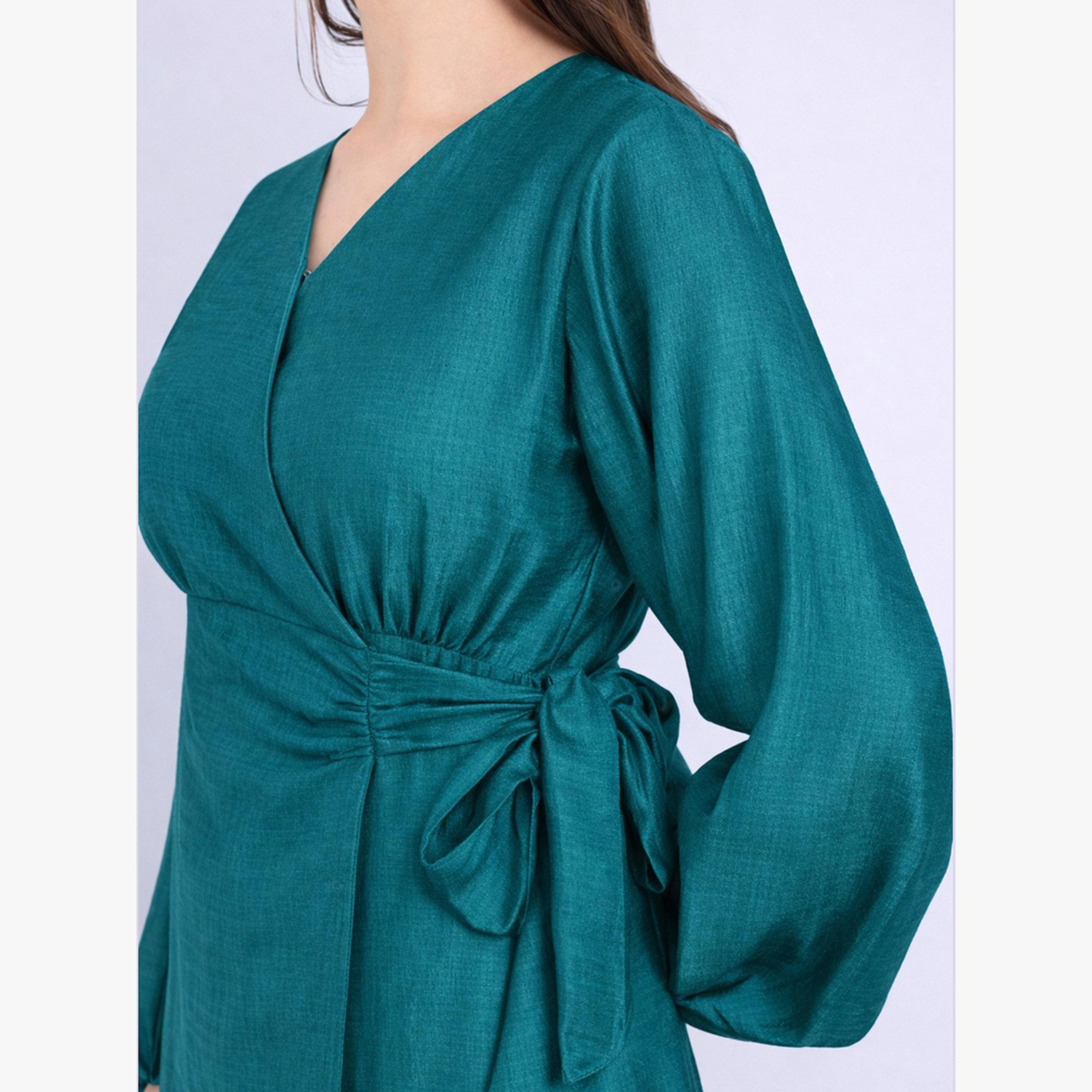 فستان ميدي بنمط لف وأكمام بالون-women-clothing-dresses-image-5