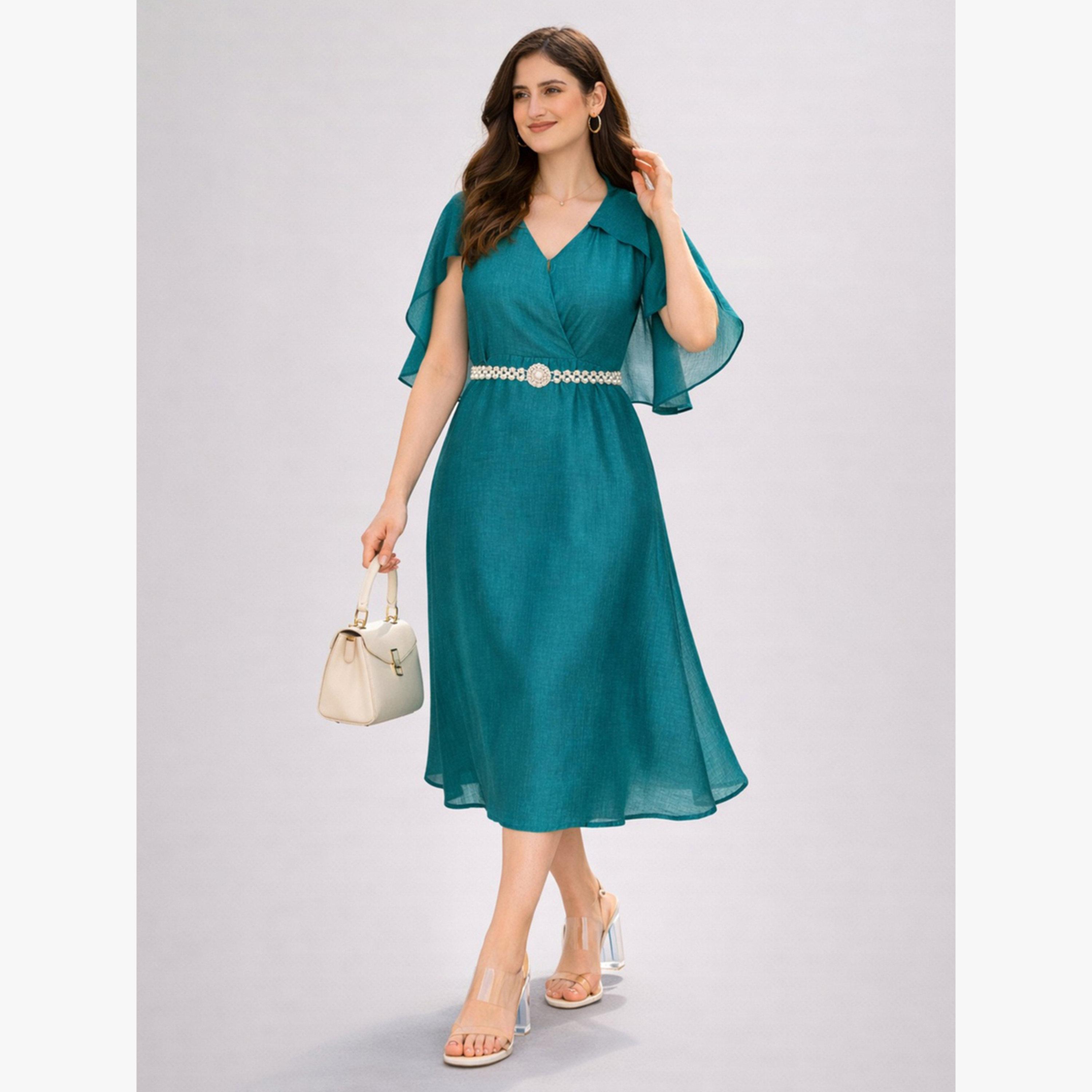 HOUSE OF RAELI X Styli Teal Cape Sleeve Midi Dress with Pearl Belt-women-clothing-dresses-image-1
