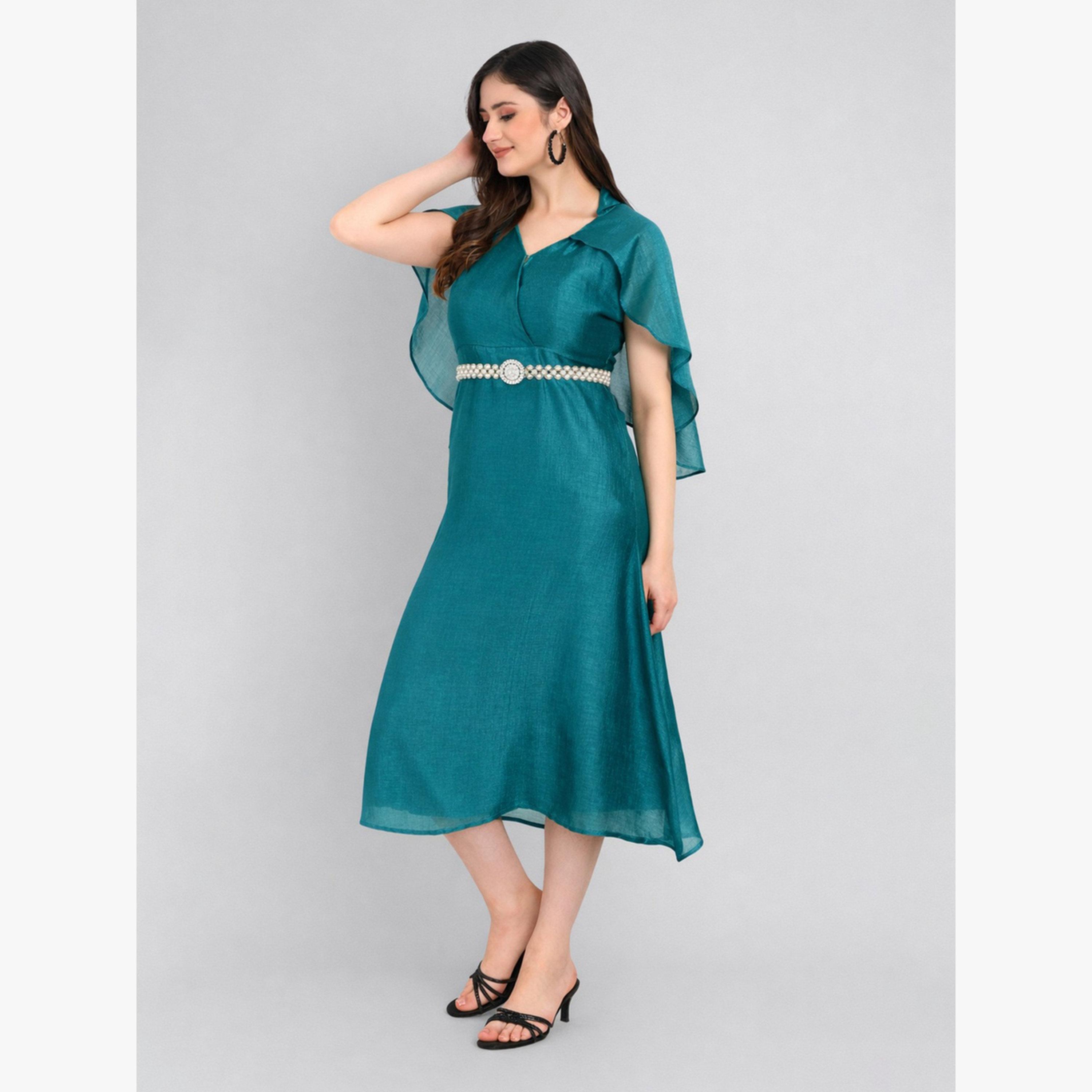 HOUSE OF RAELI X Styli Teal Cape Sleeve Midi Dress with Pearl Belt-women-clothing-dresses-image-2