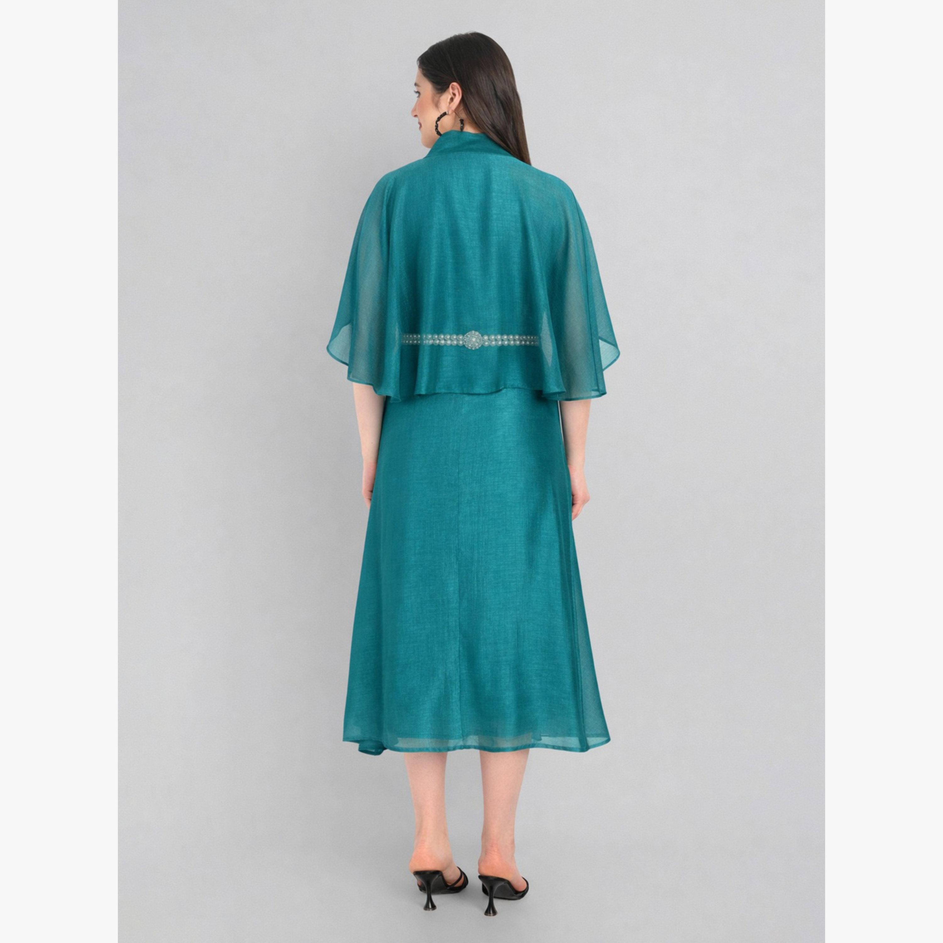 HOUSE OF RAELI X Styli Teal Cape Sleeve Midi Dress with Pearl Belt-women-clothing-dresses-image-3