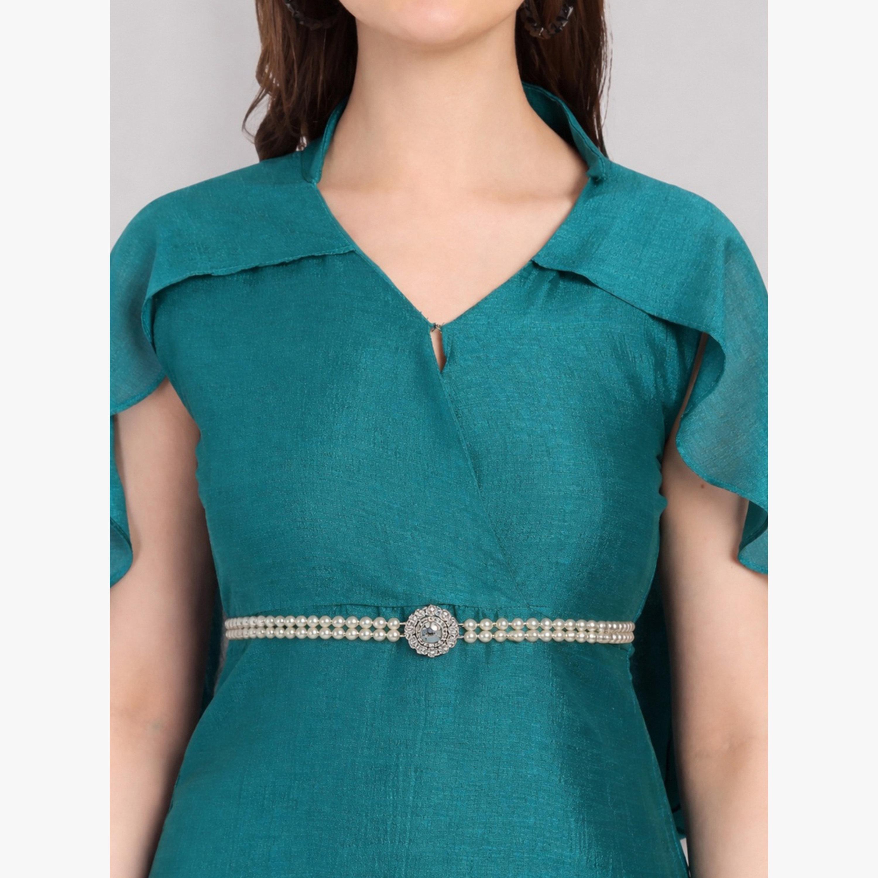 HOUSE OF RAELI X Styli Teal Cape Sleeve Midi Dress with Pearl Belt-women-clothing-dresses-image-4